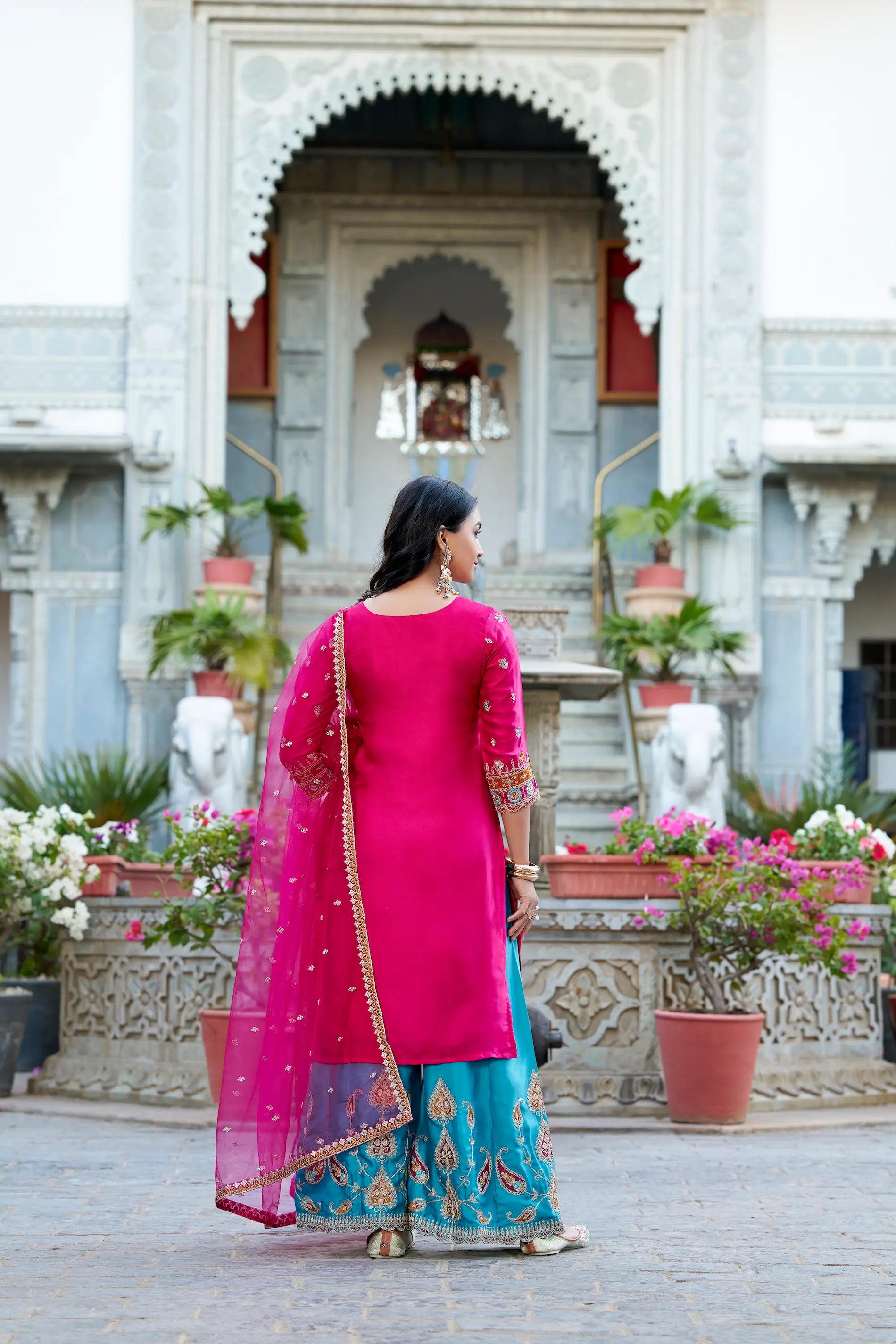 Dark Pink Moonga Silk Palazzo Salwar Suit With Embroidery Work - qivii