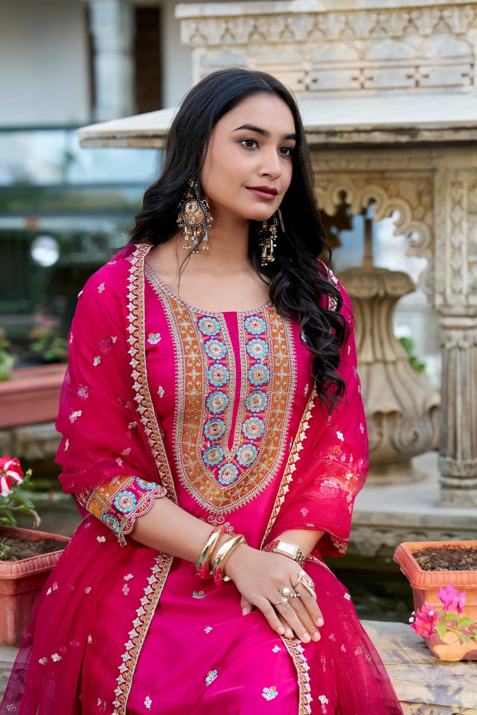 Dark Pink Moonga Silk Palazzo Salwar Suit With Embroidery Work - qivii