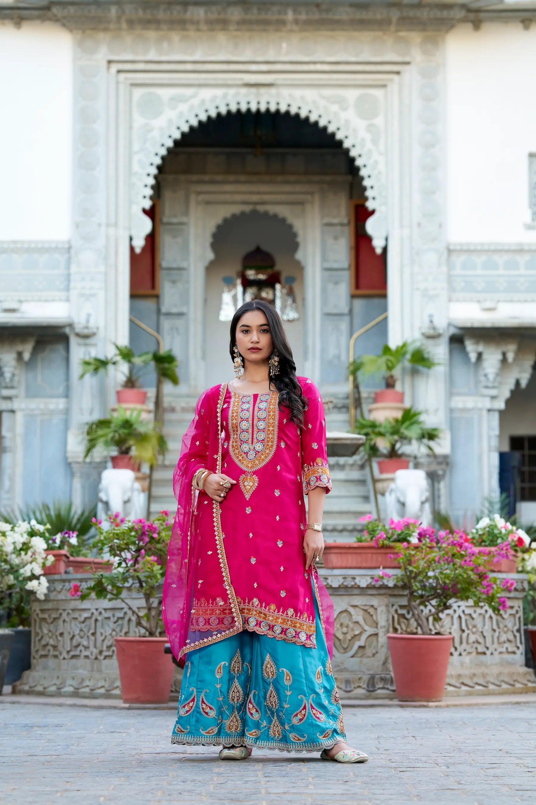 Dark Pink Moonga Silk Palazzo Salwar Suit With Embroidery Work - qivii