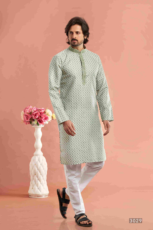 Men's Pista Green Cotton Thread Work Collar Neck Pajama Set