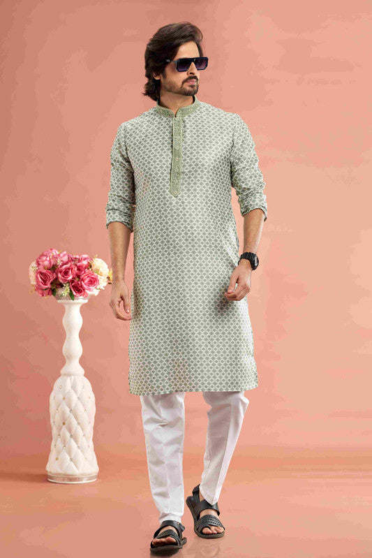 Men's Pista Green Cotton Thread Work Collar Neck Pajama Set