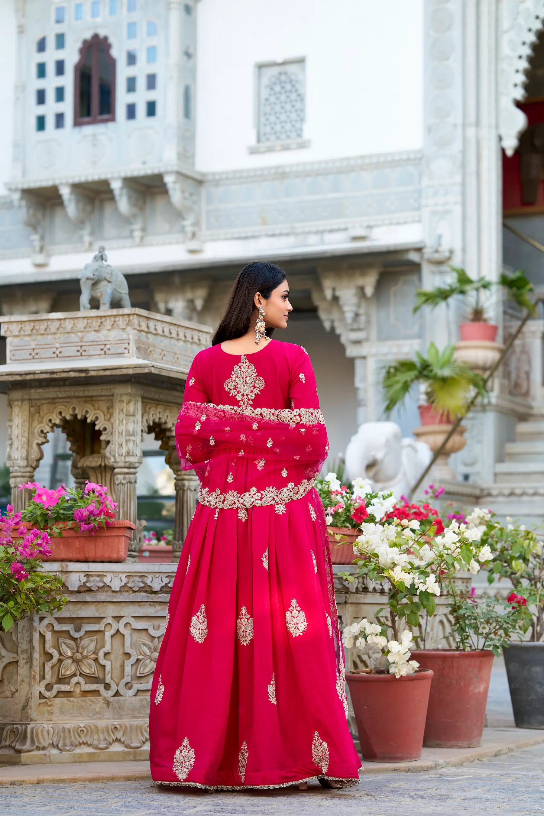 Dark Pink Vichitra Silk Gown With Thread & Sequins Embroidery Work - qivii