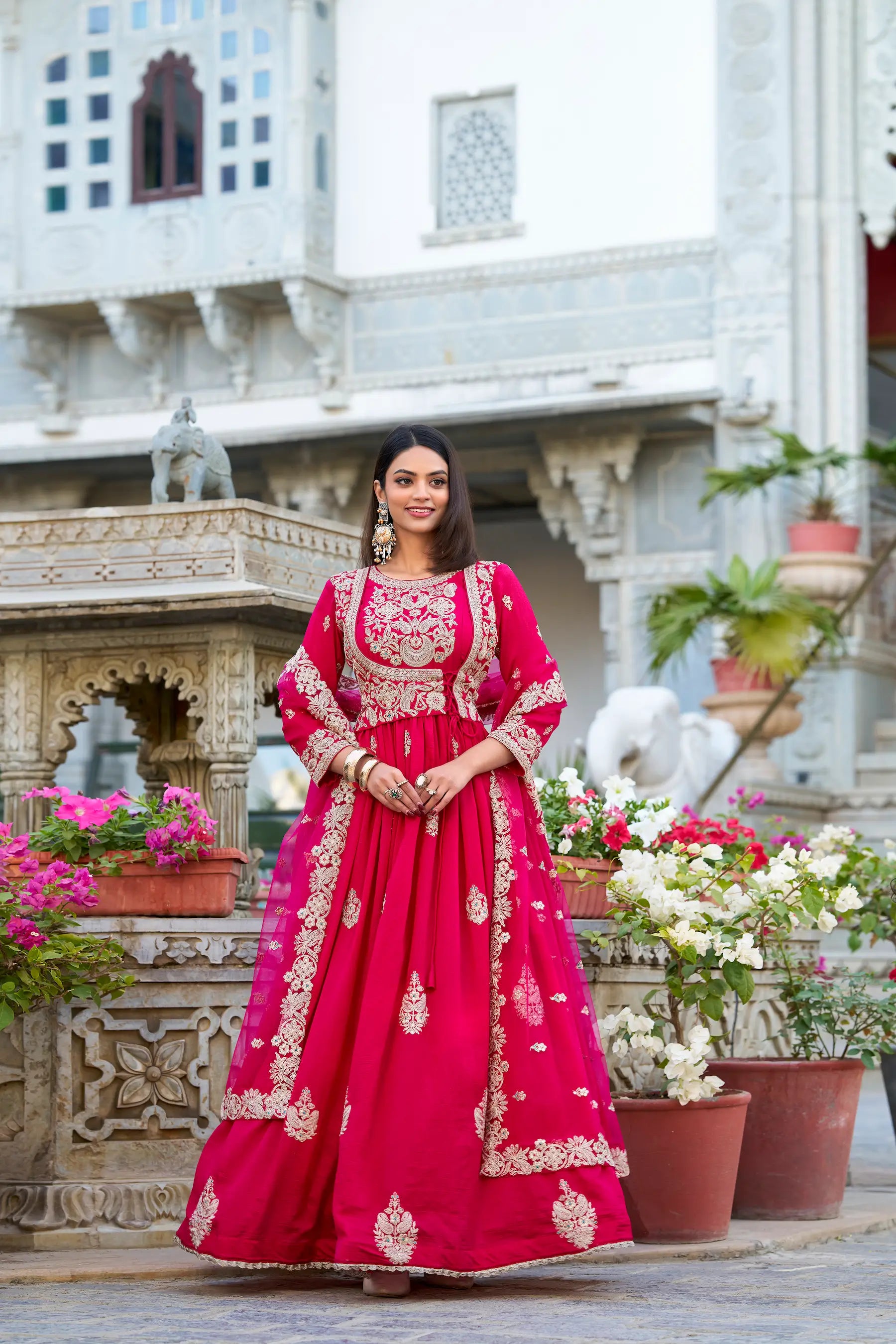 Dark Pink Vichitra Silk Gown With Thread & Sequins Embroidery Work - qivii