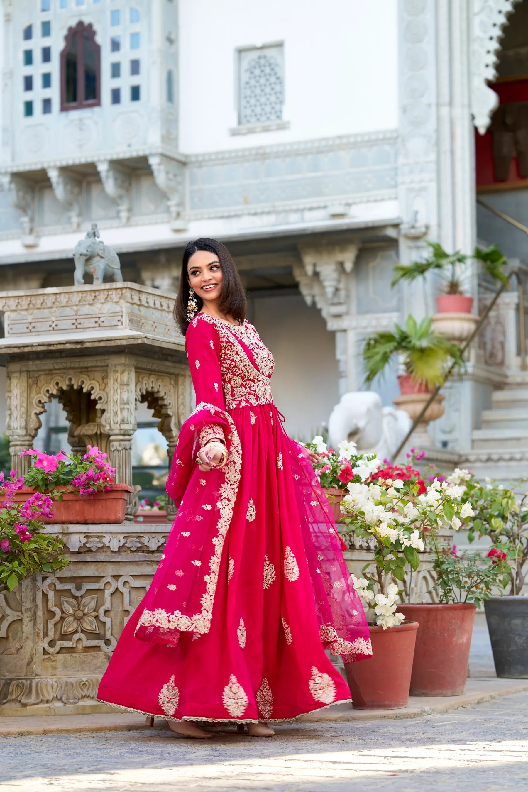 Dark Pink Vichitra Silk Gown With Thread & Sequins Embroidery Work - qivii