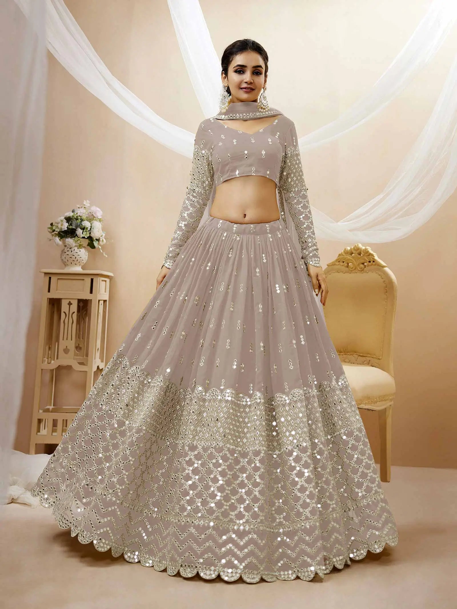 Grey Georgette Lehenga choli With Sequence And Zari Embroidery Work With Soft Net dupatta | Ready To Wear - qivii