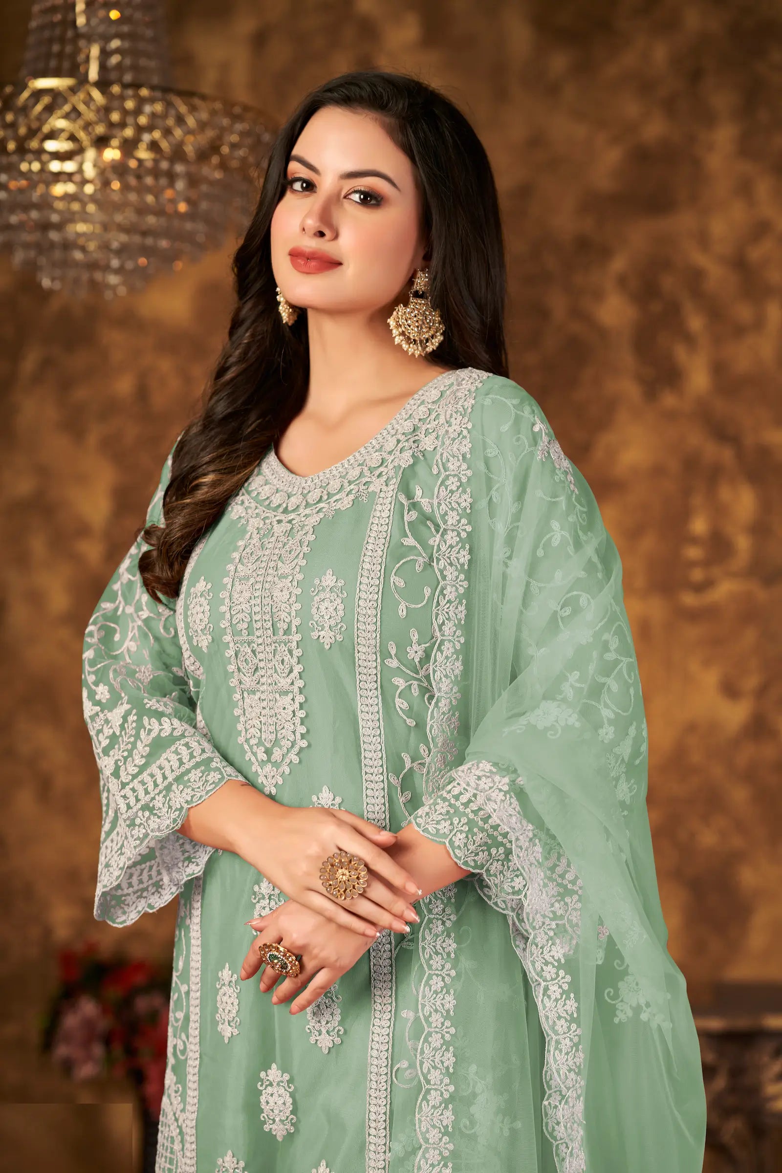 Pista Green Net Salwar Suit With Thread & Sequence Embroidery Work - qivii