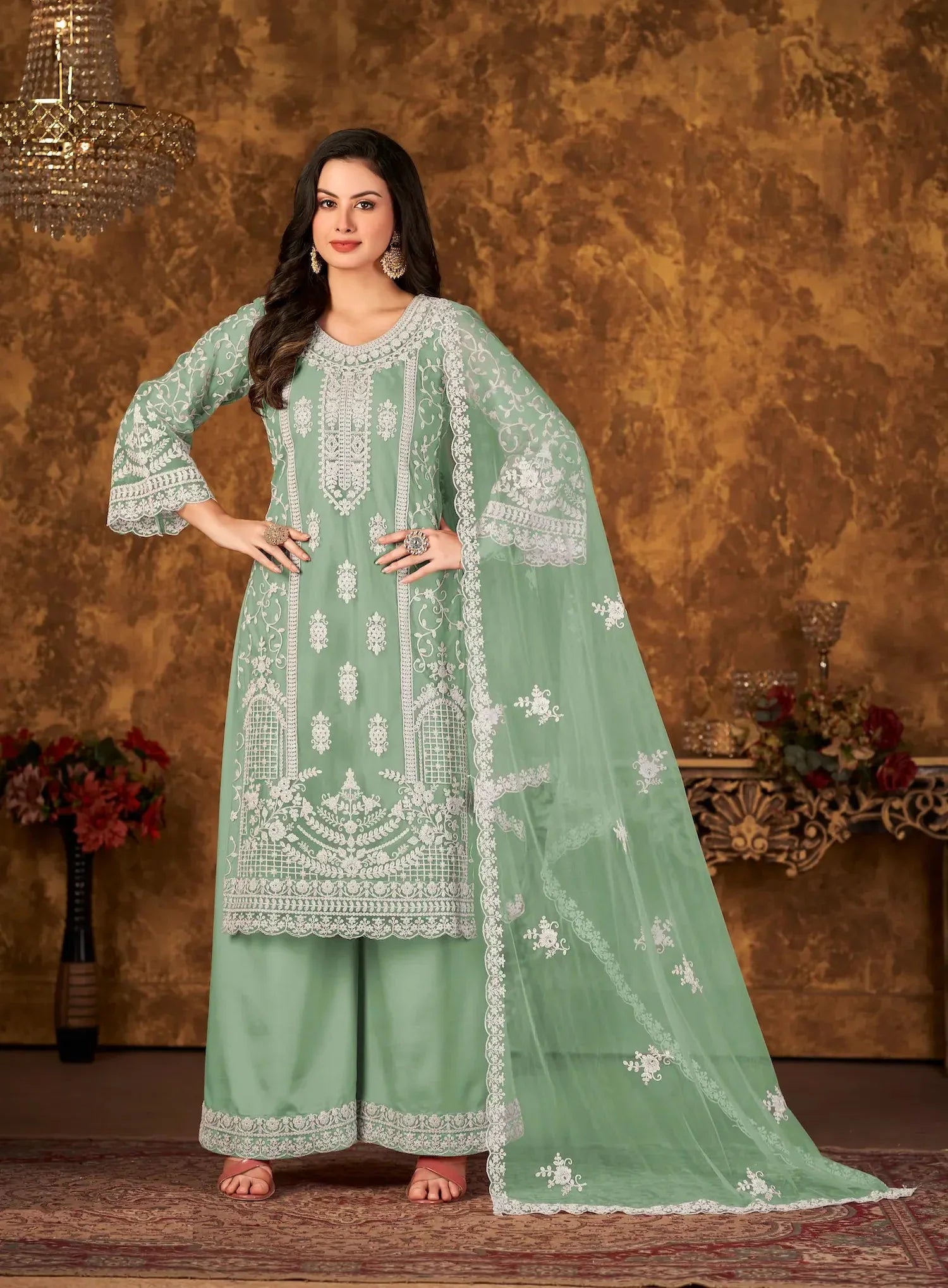 Pista Green Net Salwar Suit With Thread & Sequence Embroidery Work - qivii