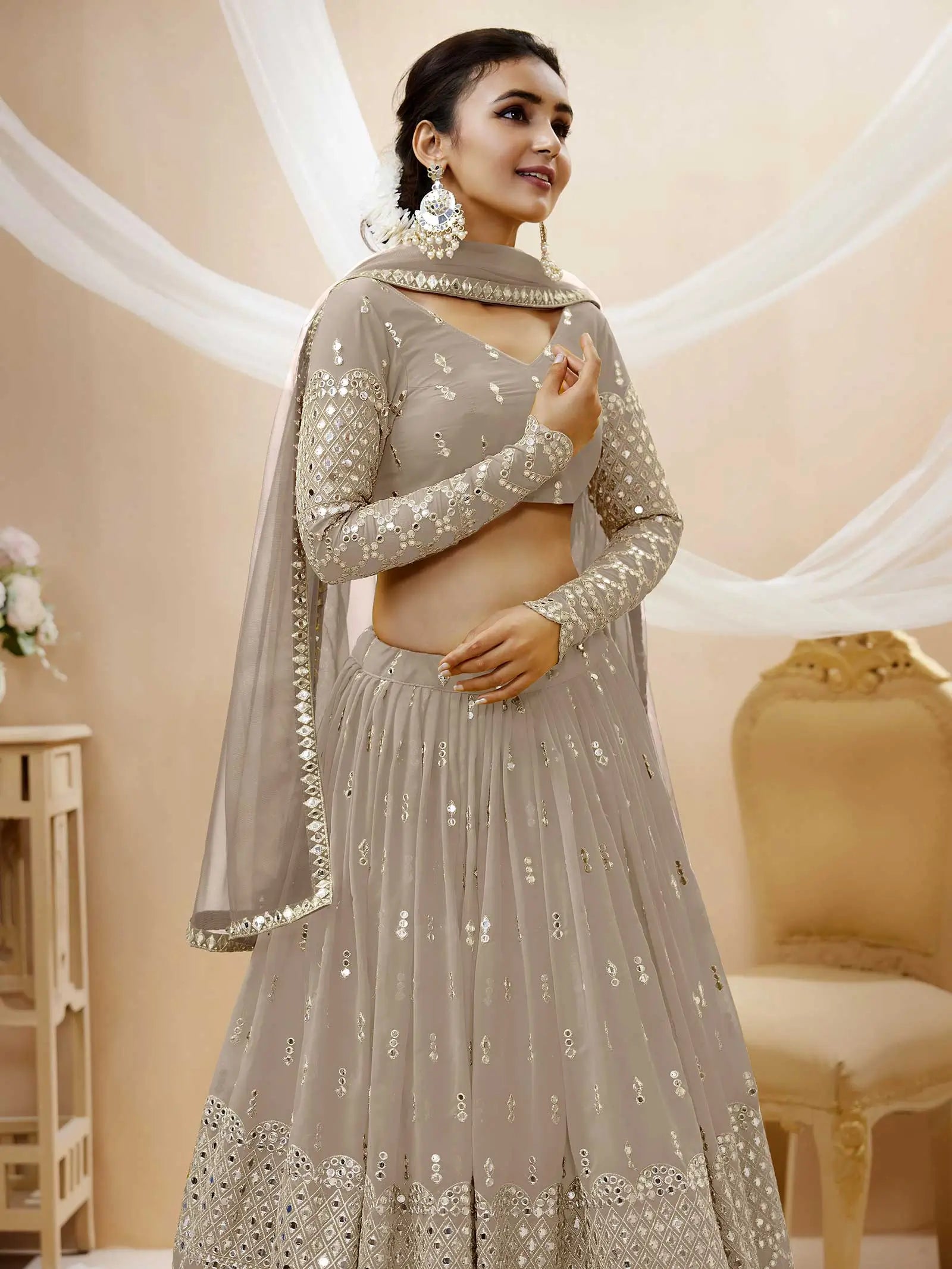Grey Georgette Lehenga choli With Sequence And Zari Embroidery Work With Soft Net dupatta | Ready To Wear - qivii