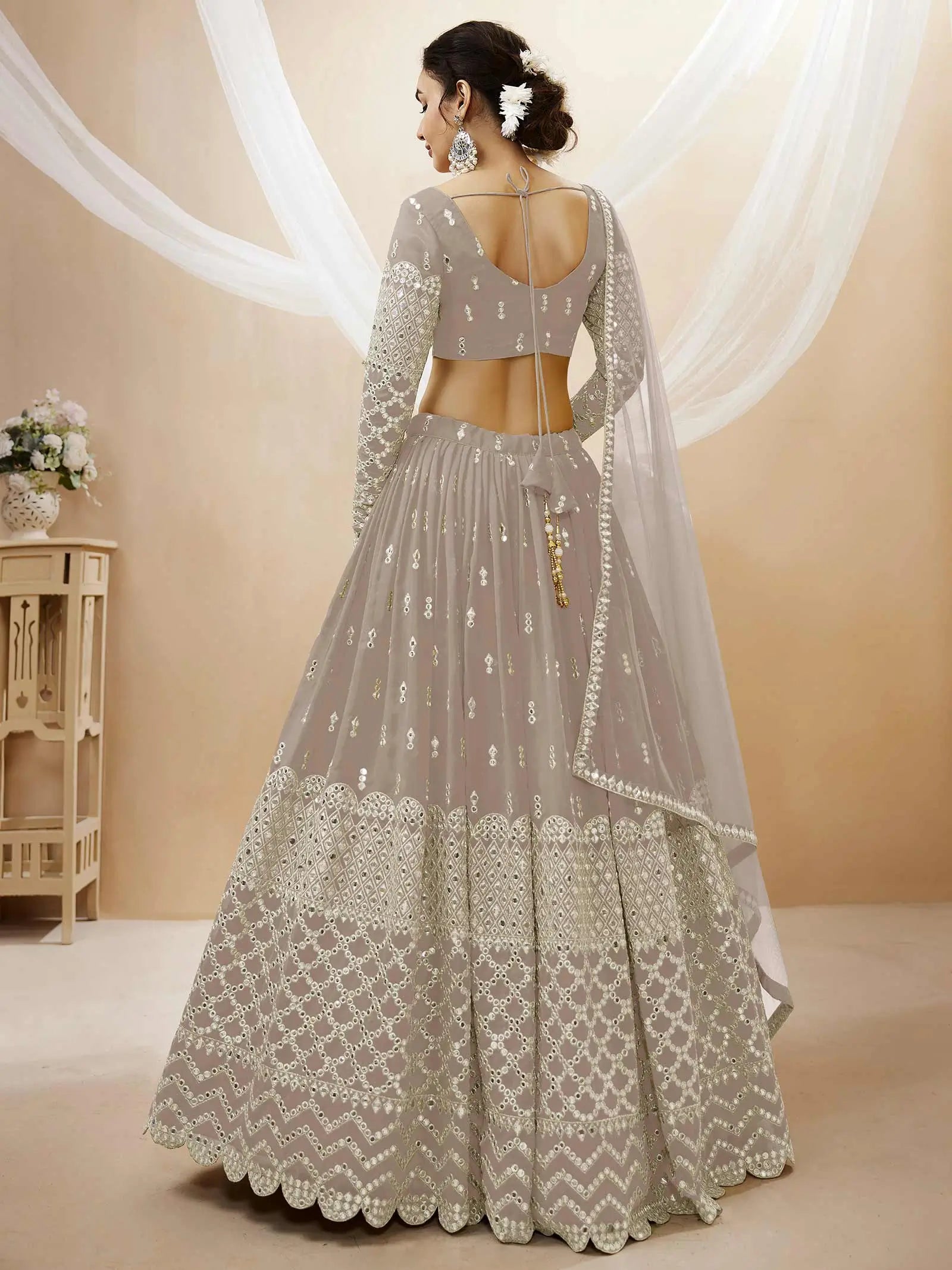 Grey Georgette Lehenga choli With Sequence And Zari Embroidery Work With Soft Net dupatta | Ready To Wear - qivii