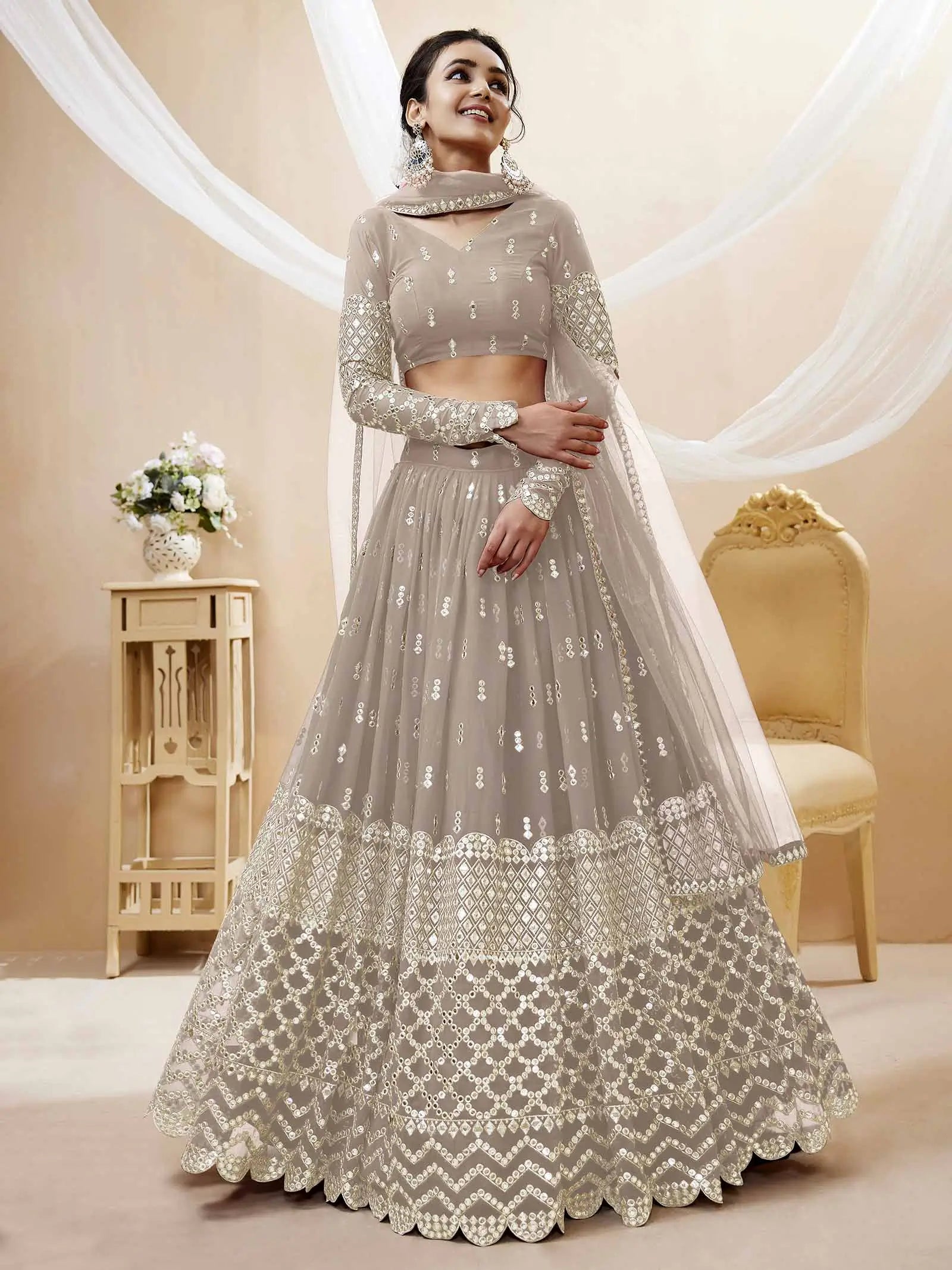 Grey Georgette Lehenga choli With Sequence And Zari Embroidery Work With Soft Net dupatta | Ready To Wear - qivii