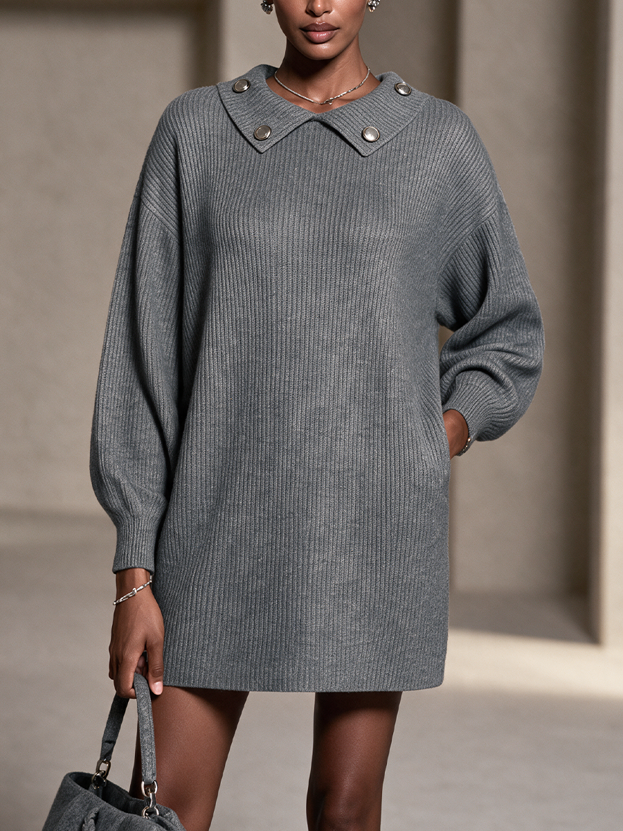 Women's Button Detail Casual Knit Lapel Mini Dress MDZ0314I6GMJ