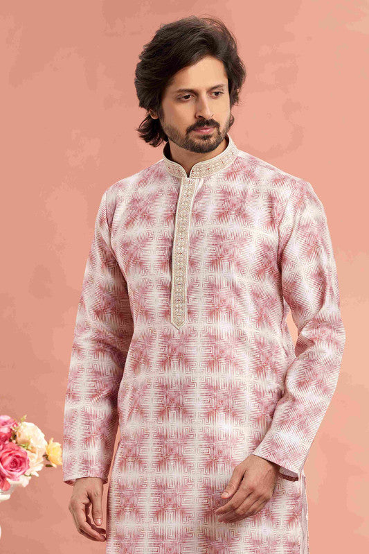 Men's Dusty Pink Cotton Thread Work Collar Neck Pajama Set