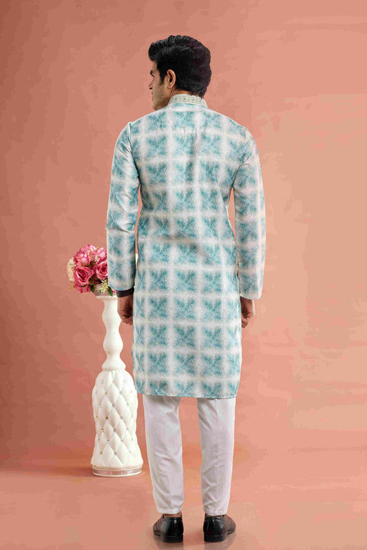 Men's Teal Green Cotton Thread Work Collar Neck Pajama Set