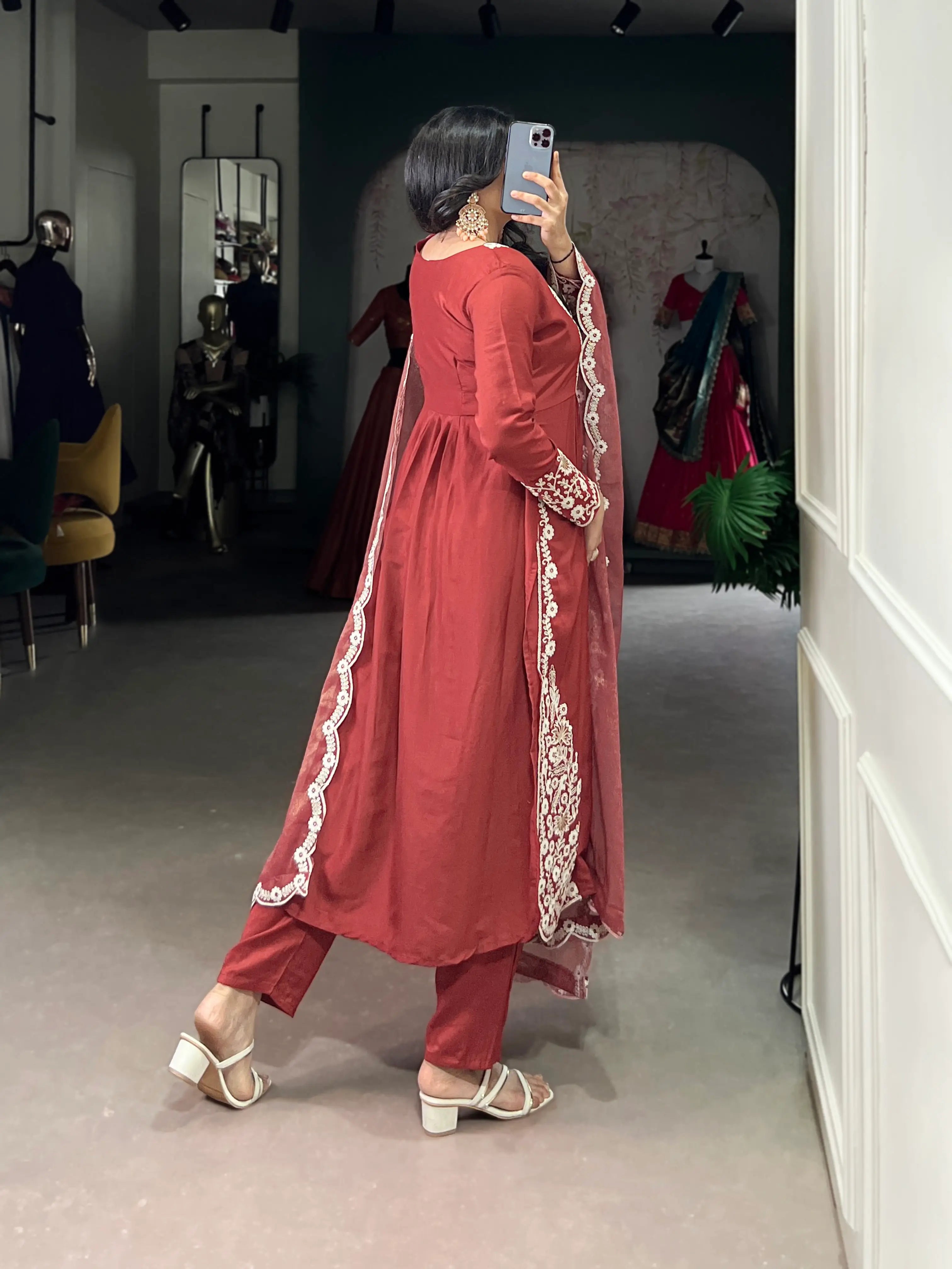 Rust Orange Cotton Salwar Suit With Thread & Sequins Embroidery Work - qivii