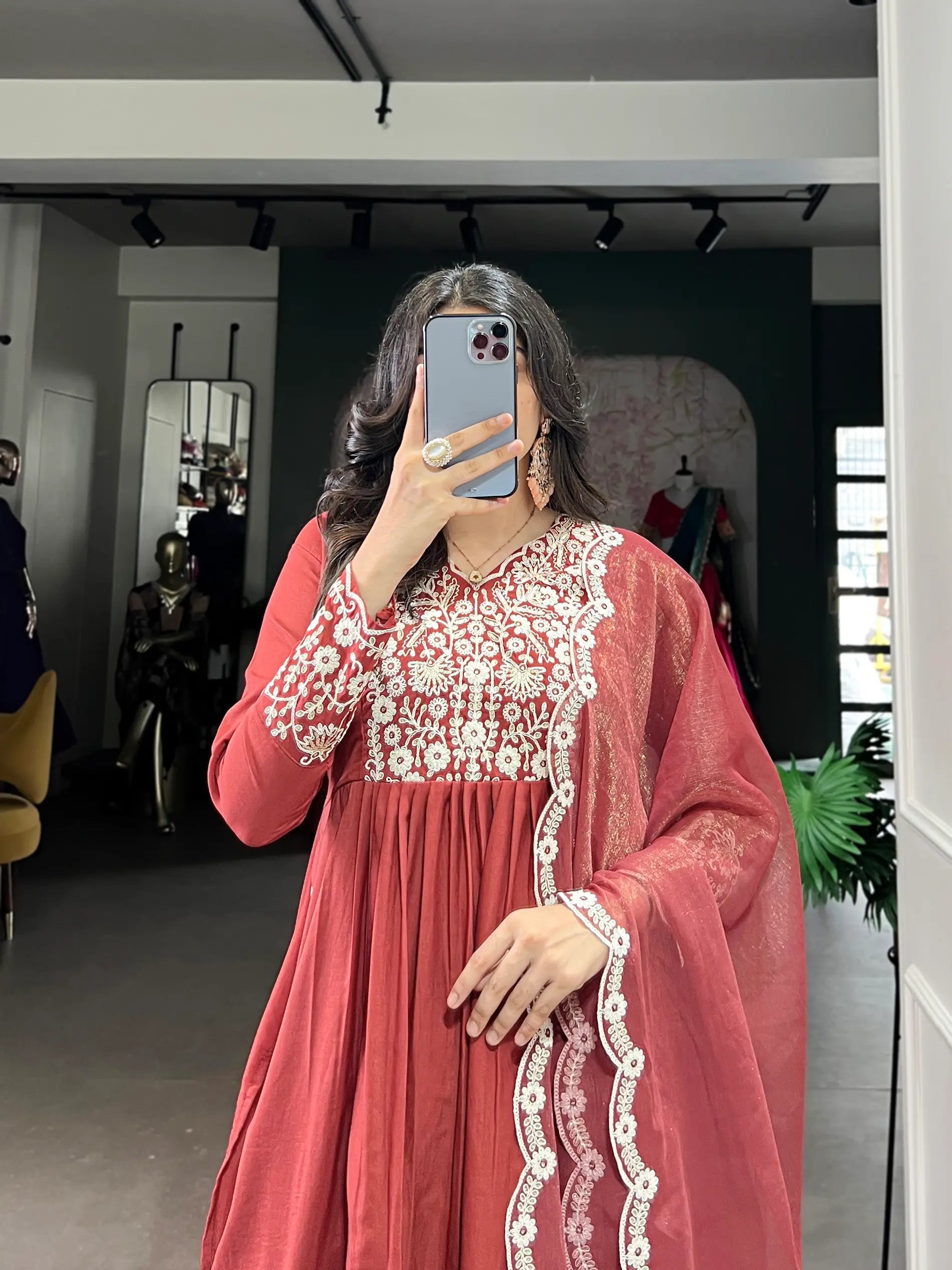 Rust Orange Cotton Salwar Suit With Thread & Sequins Embroidery Work