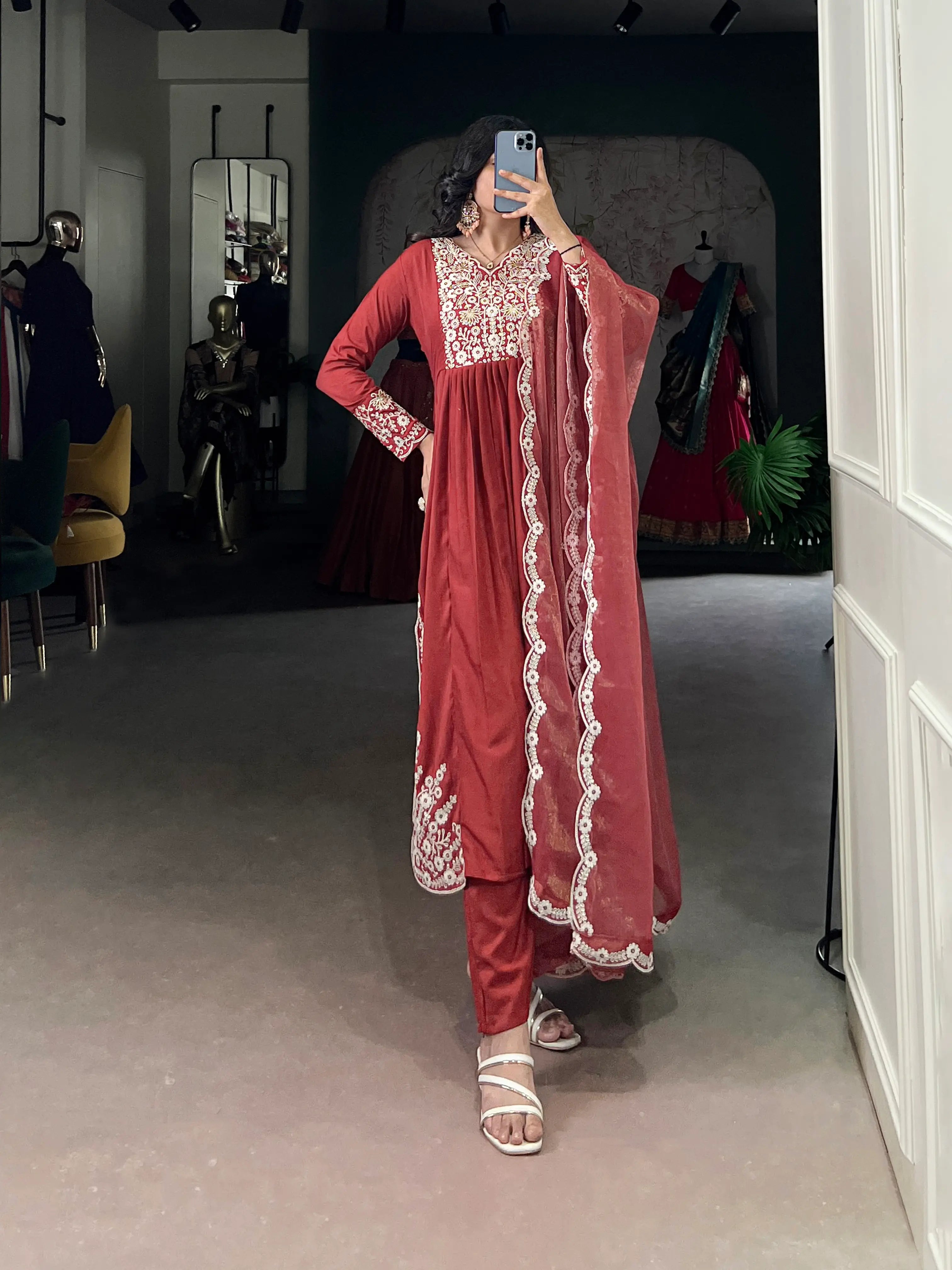 Rust Orange Cotton Salwar Suit With Thread & Sequins Embroidery Work - qivii