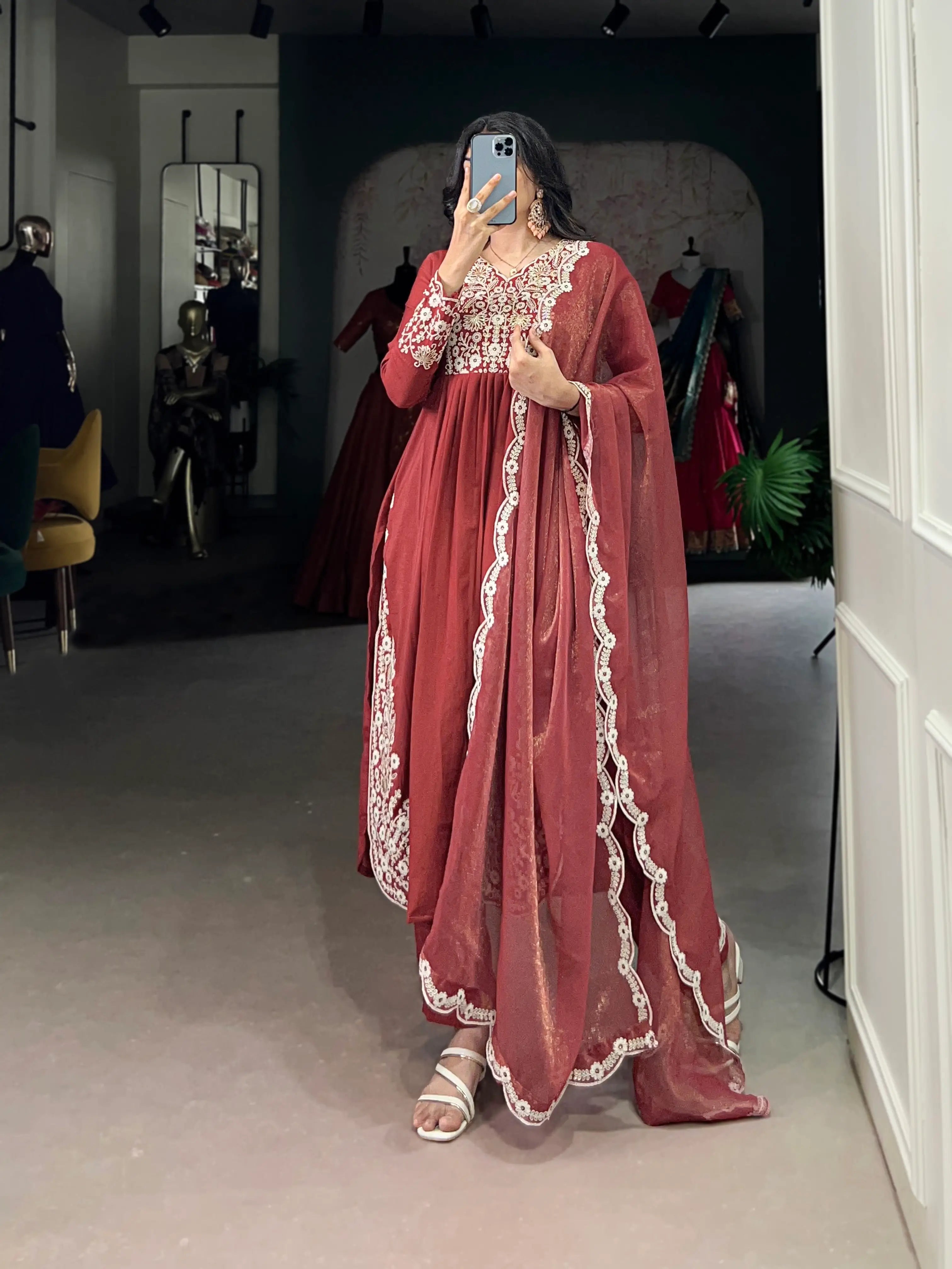 Rust Orange Cotton Salwar Suit With Thread & Sequins Embroidery Work - qivii