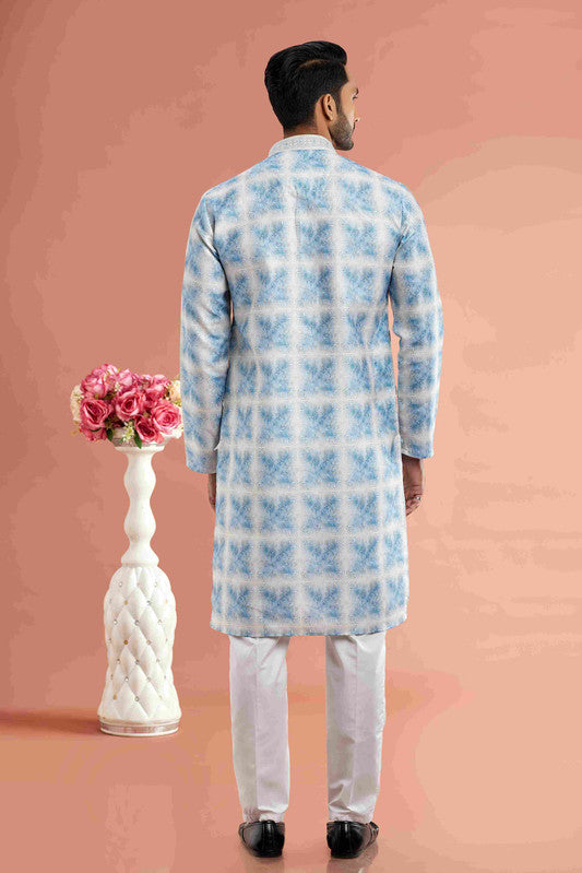 Men's Sky Blue Cotton Thread Work Collar Neck Pajama Set
