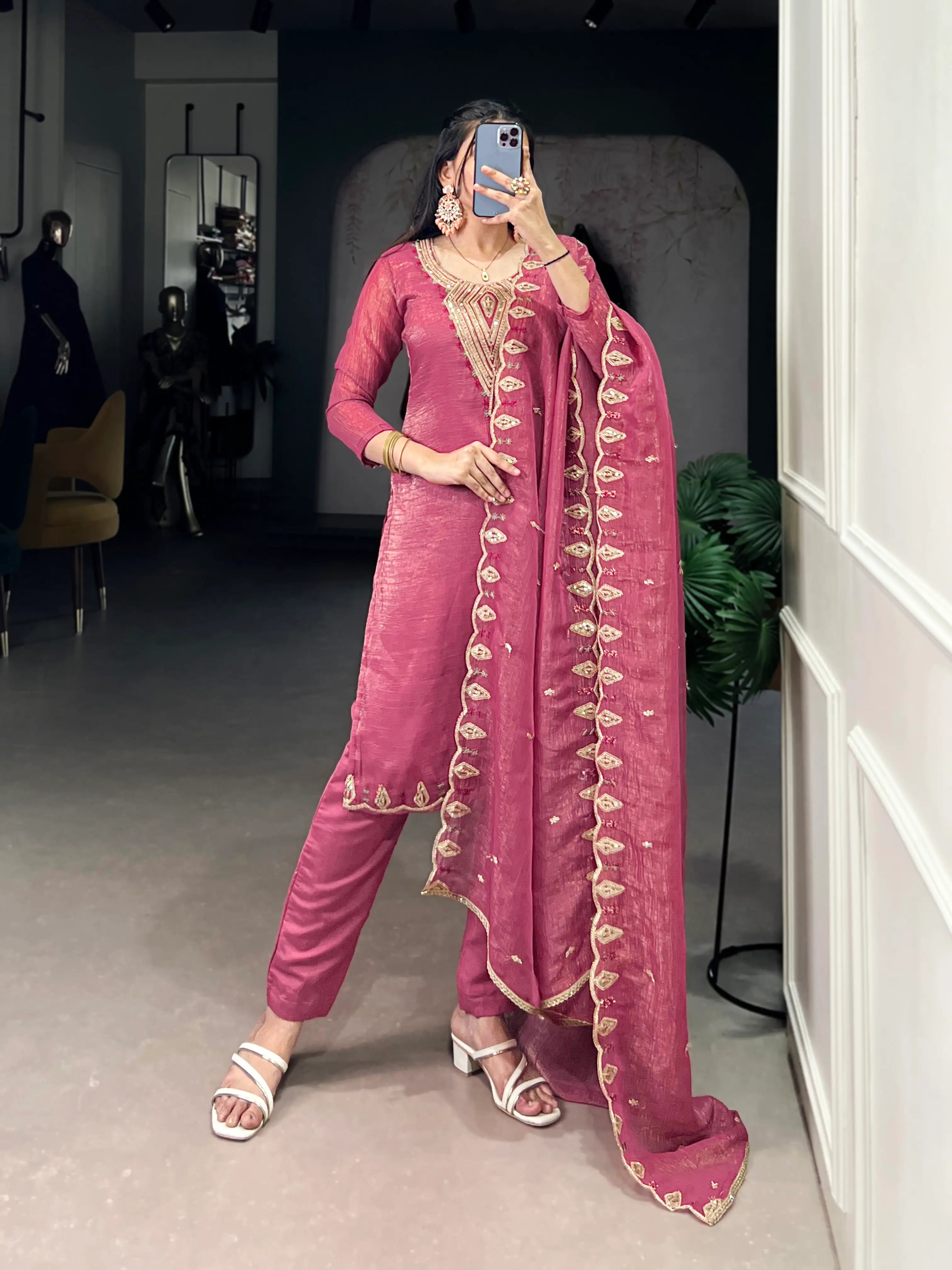 Light Pink Salwar Suit With Sequins & Thread Embroidery Work - qivii