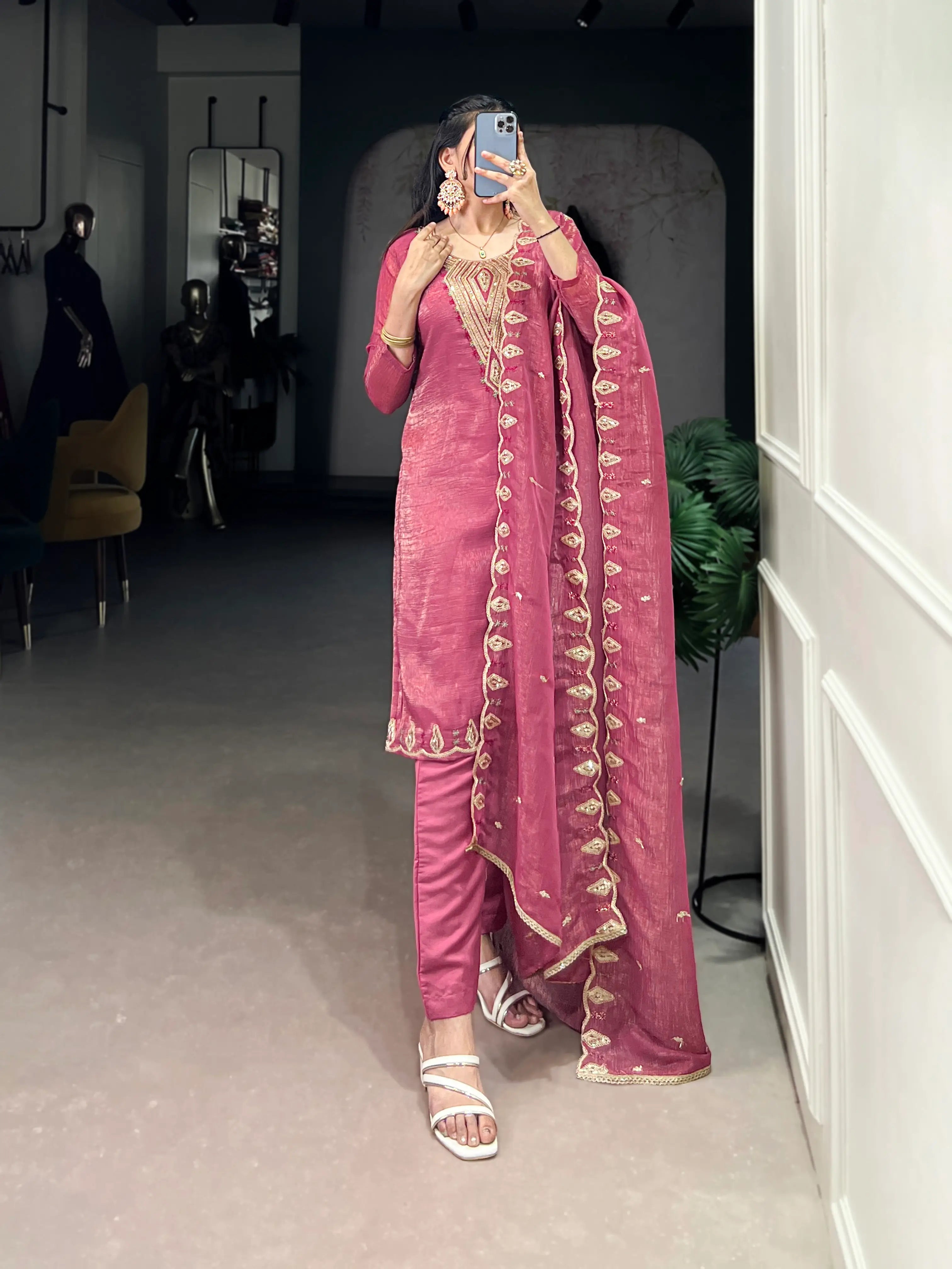 Light Pink Salwar Suit With Sequins & Thread Embroidery Work