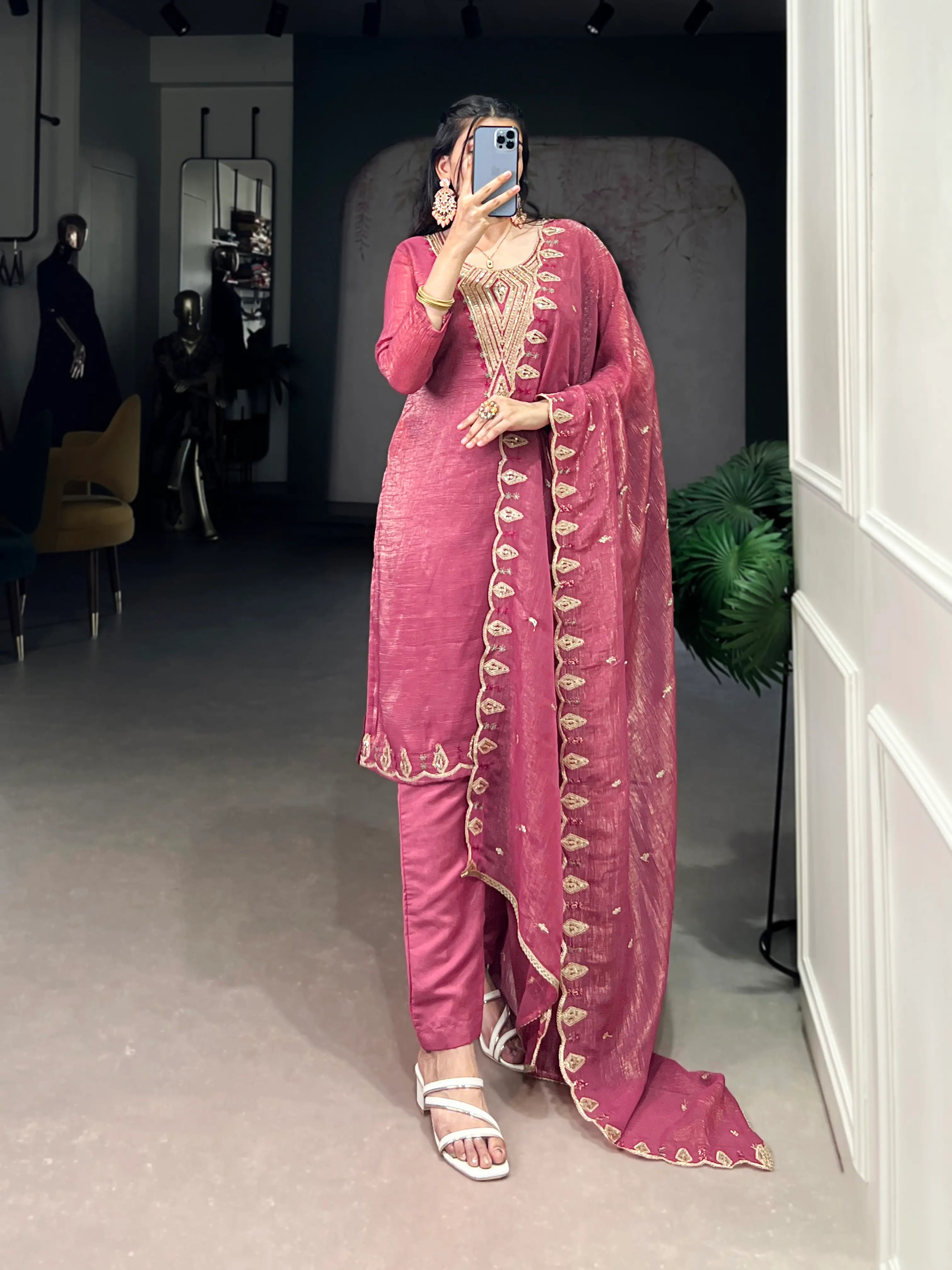Light Pink Salwar Suit With Sequins & Thread Embroidery Work - qivii