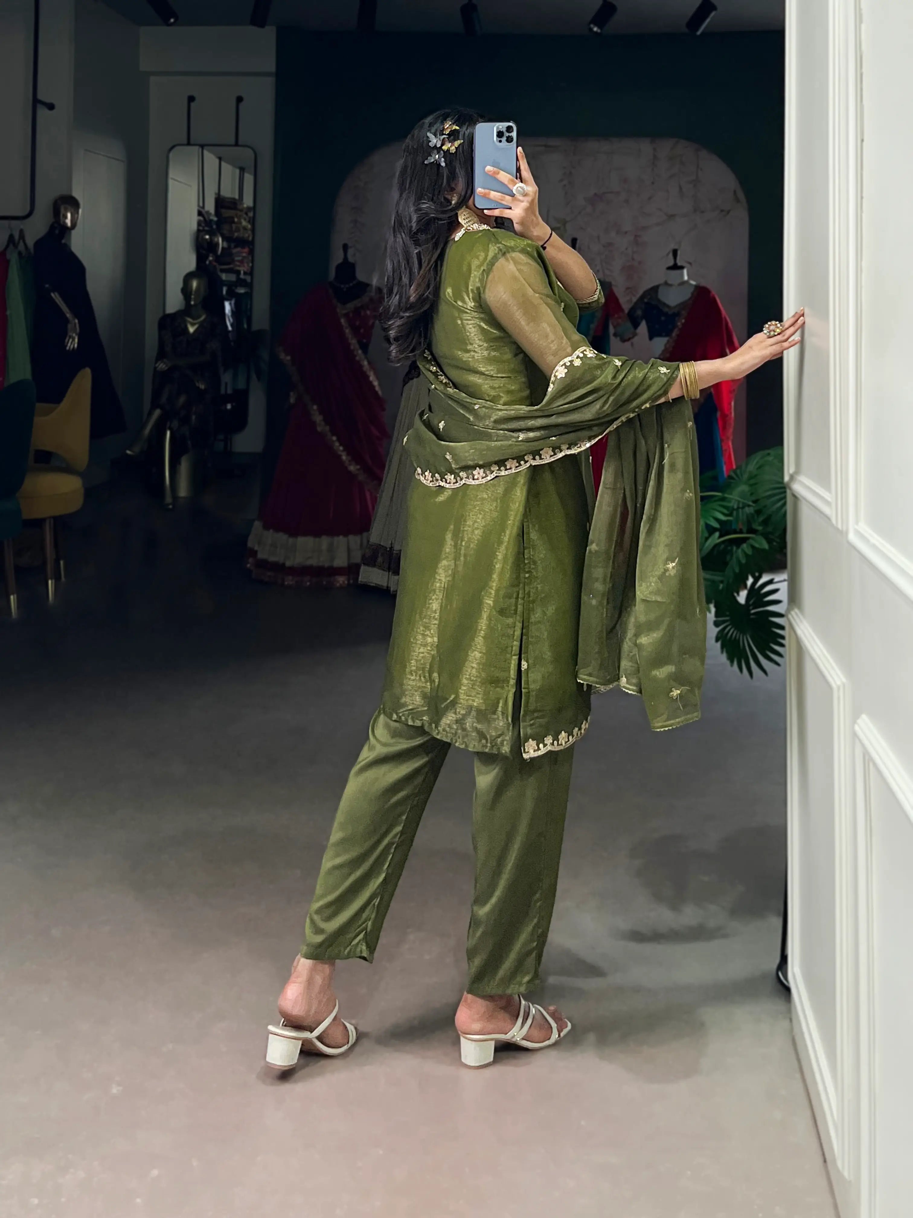 Olive Green Salwar Suit With Sequins & Thread Embroidery Work - qivii