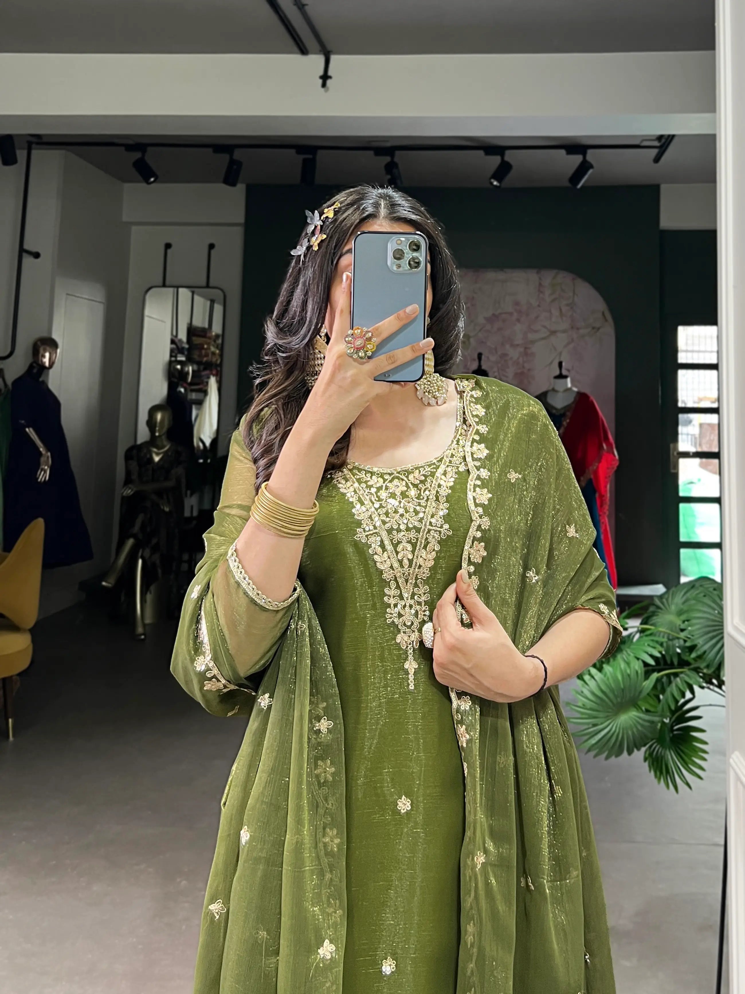Olive Green Salwar Suit With Sequins & Thread Embroidery Work - qivii