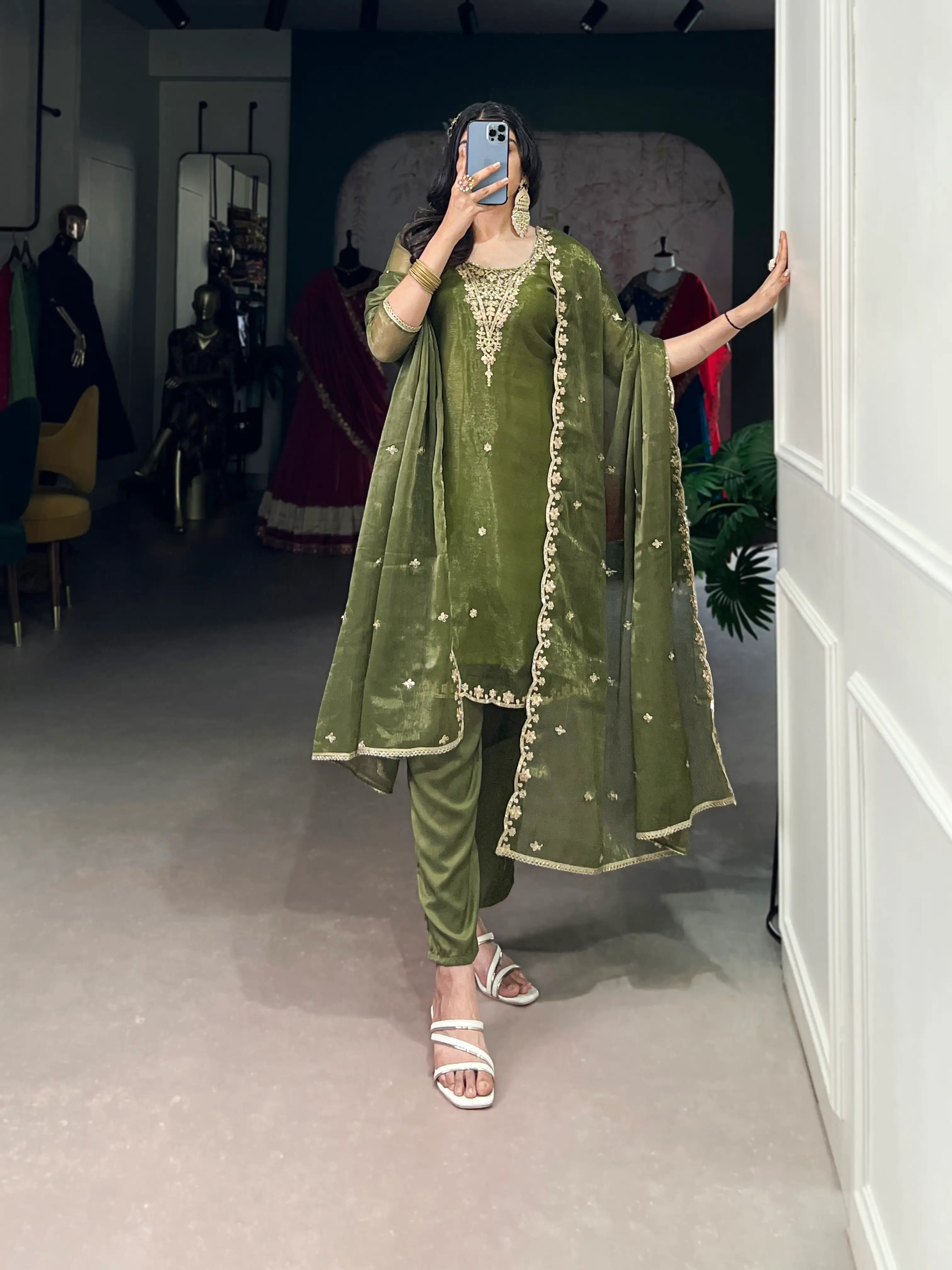 Olive Green Salwar Suit With Sequins & Thread Embroidery Work - qivii