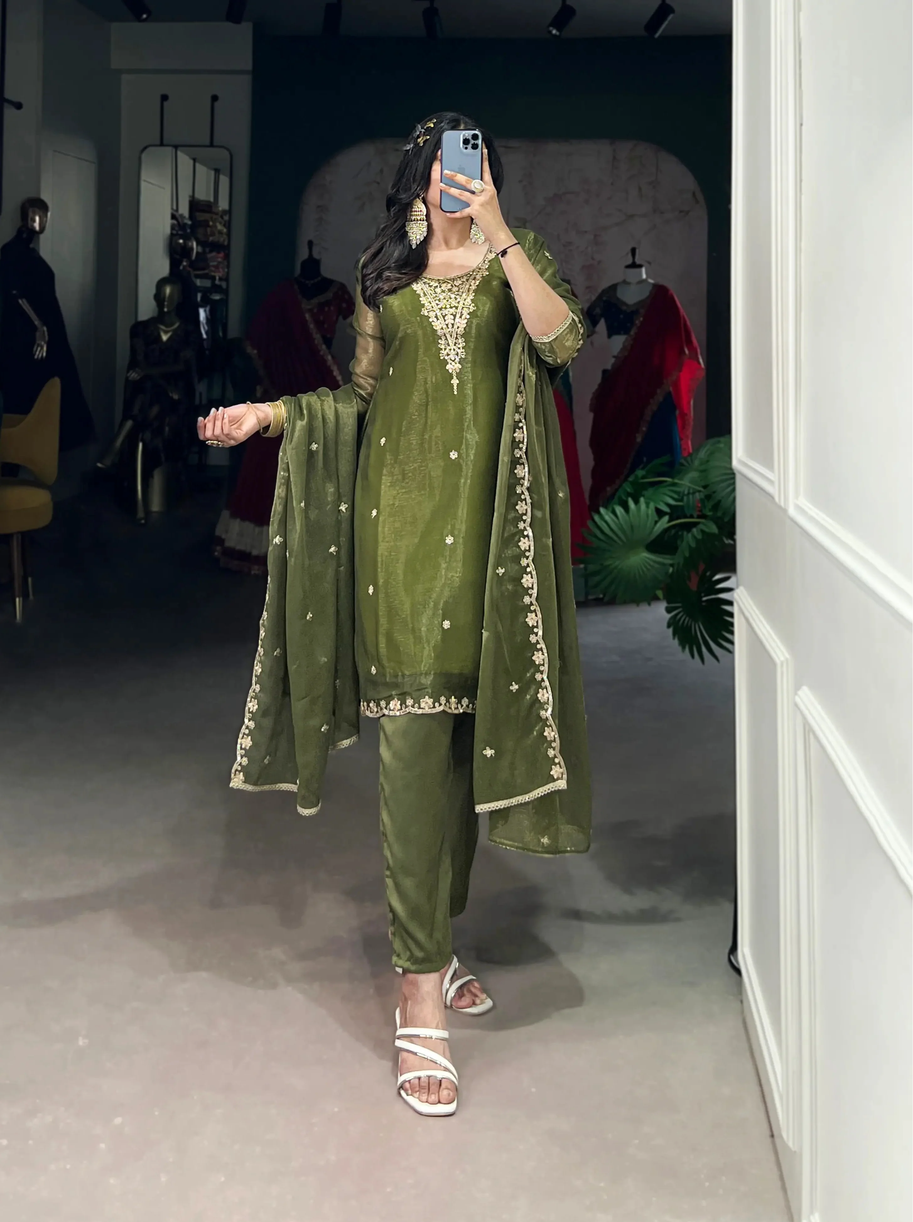 Olive Green Salwar Suit With Sequins & Thread Embroidery Work - qivii