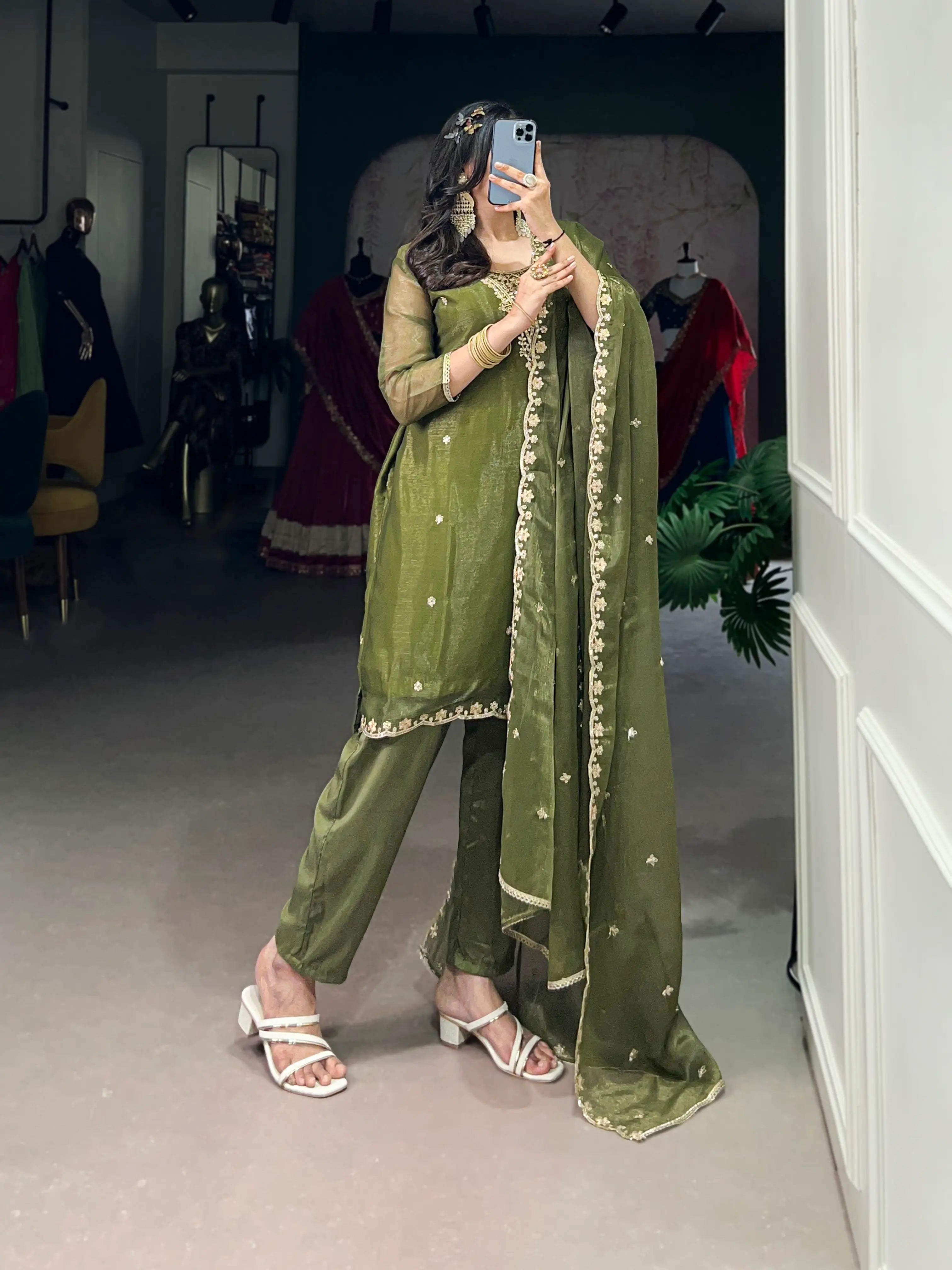 Olive Green Salwar Suit With Sequins & Thread Embroidery Work