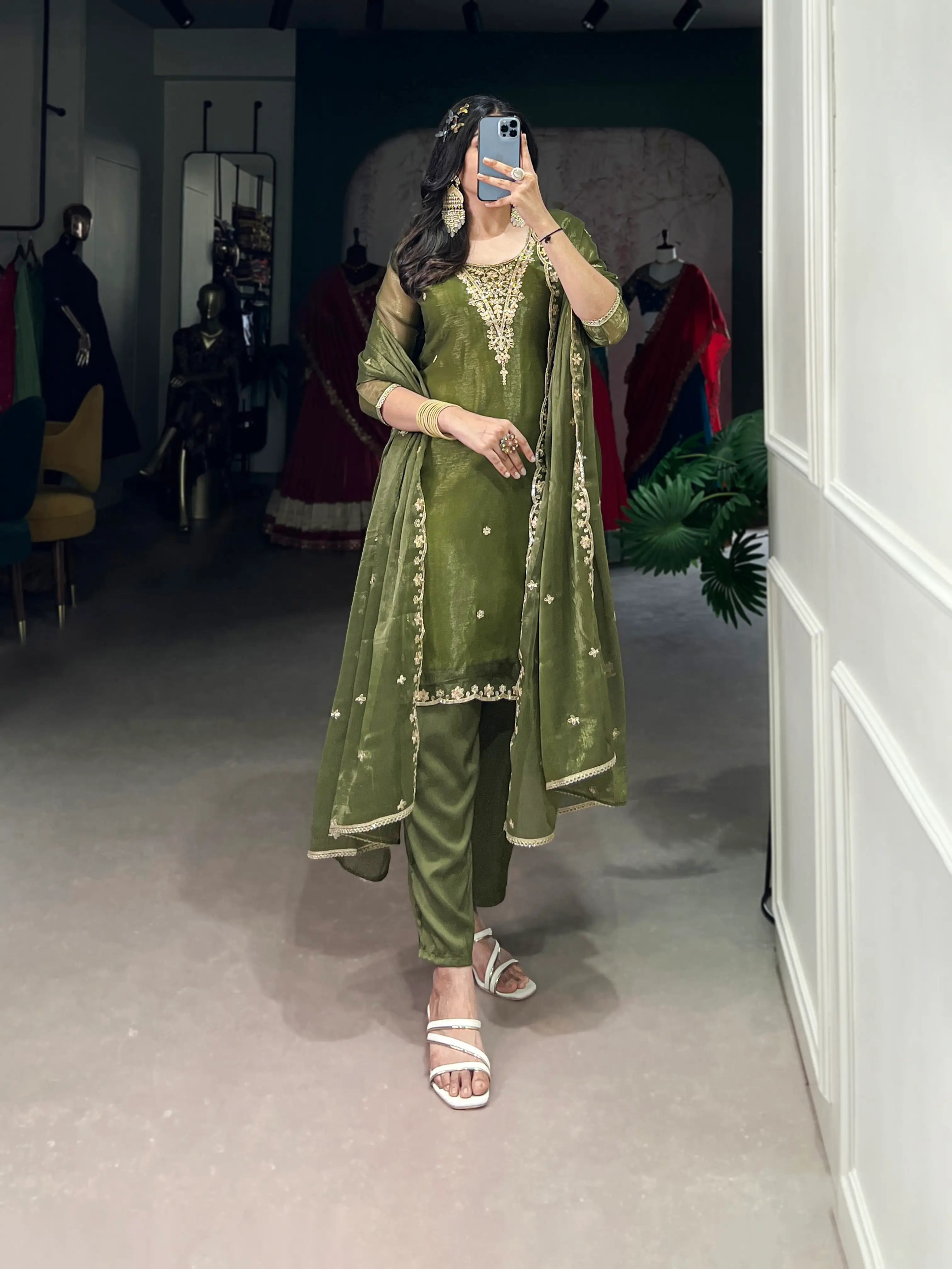 Olive Green Salwar Suit With Sequins & Thread Embroidery Work - qivii