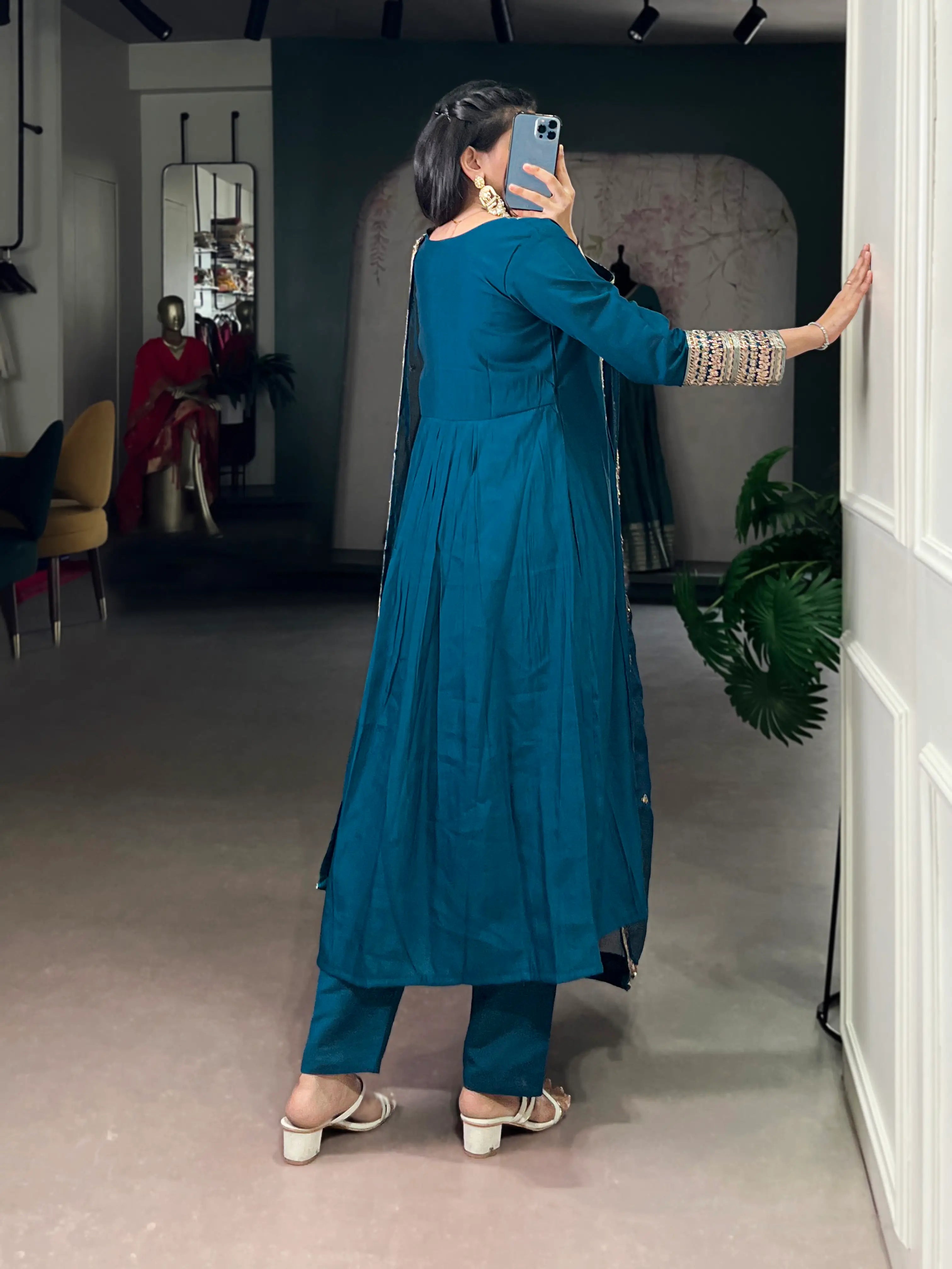 Dark Teal Roman Silk Embroidery Salwar Suit