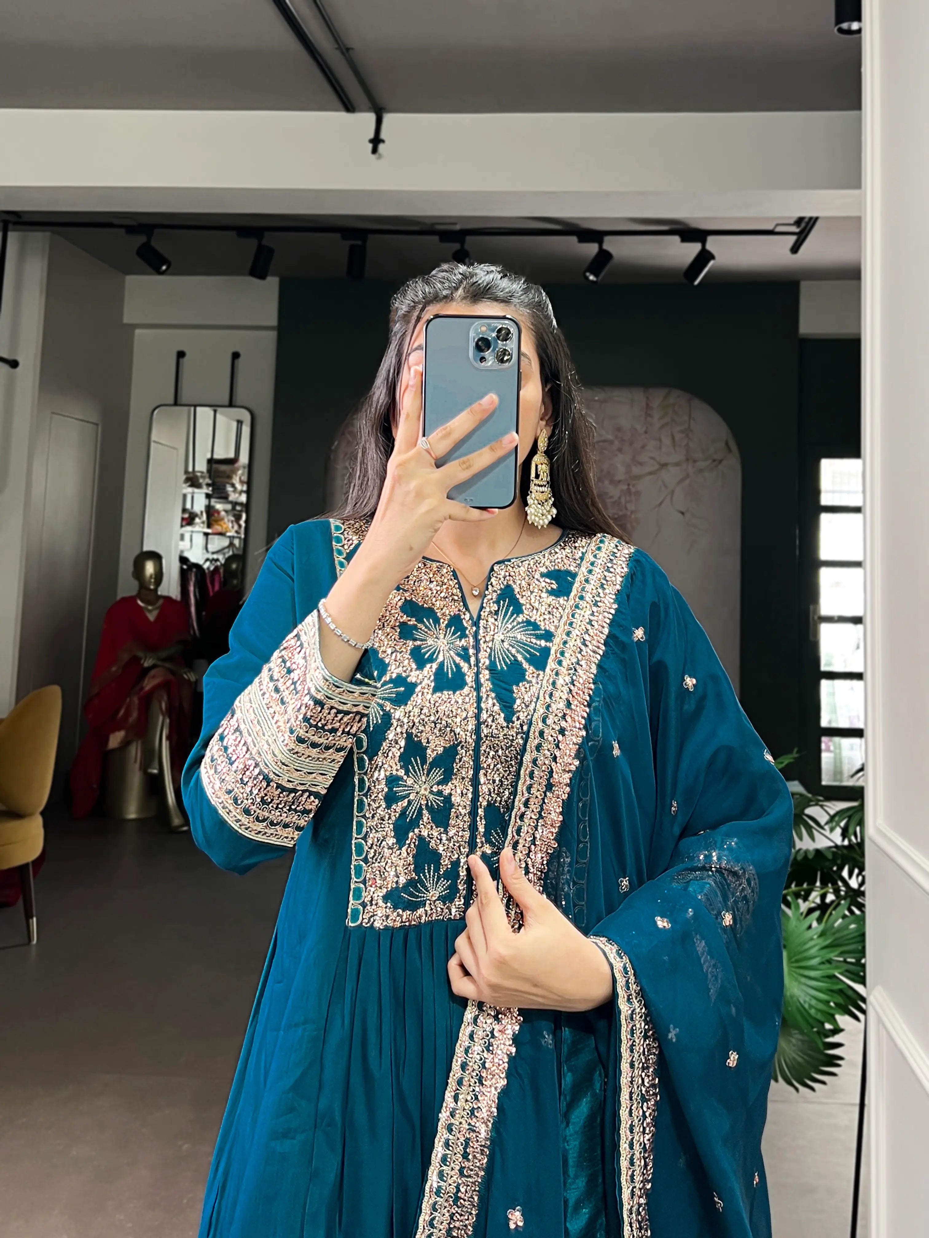 Dark Teal Roman Silk Embroidery Salwar Suit