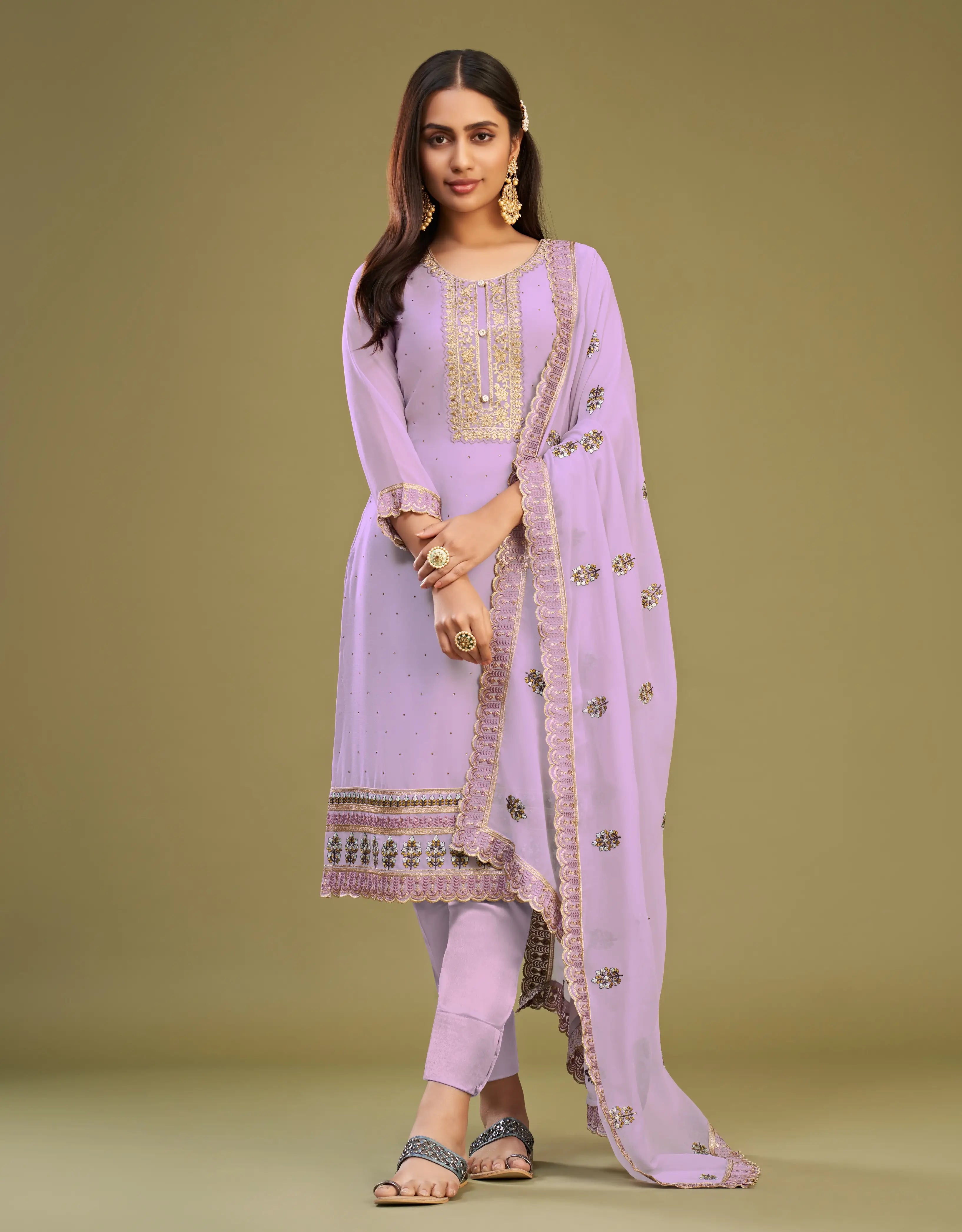 Lavender Embroidery Work With Stone Embellished Straight Salwar Suit Set - qivii