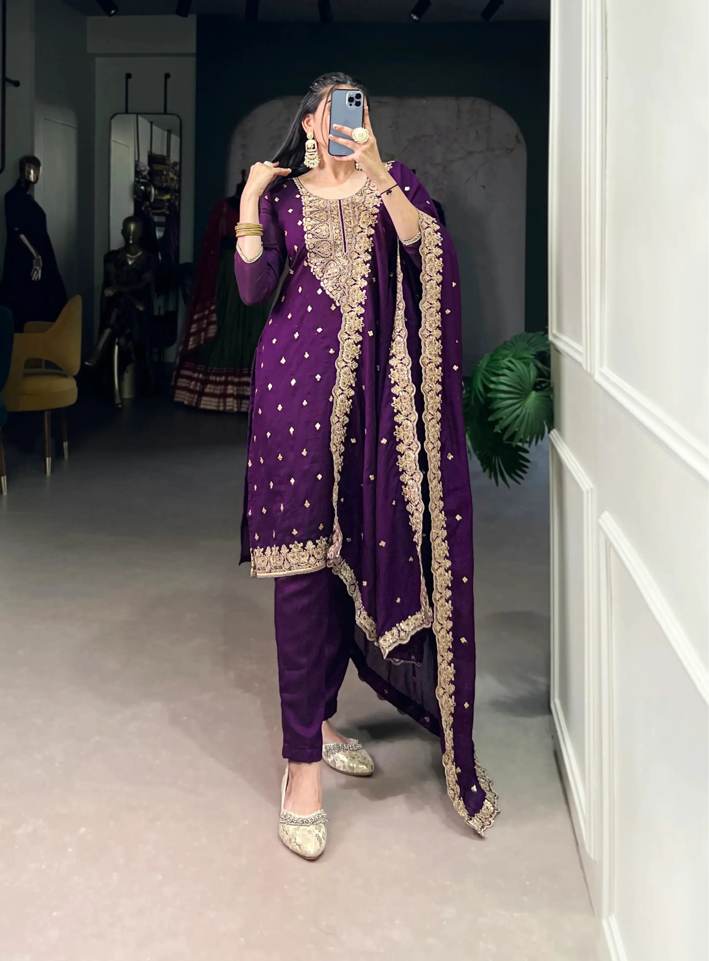 Purple Vichitra Silk Salwar Suit With Sequins & Thread Embroidery Work - qivii