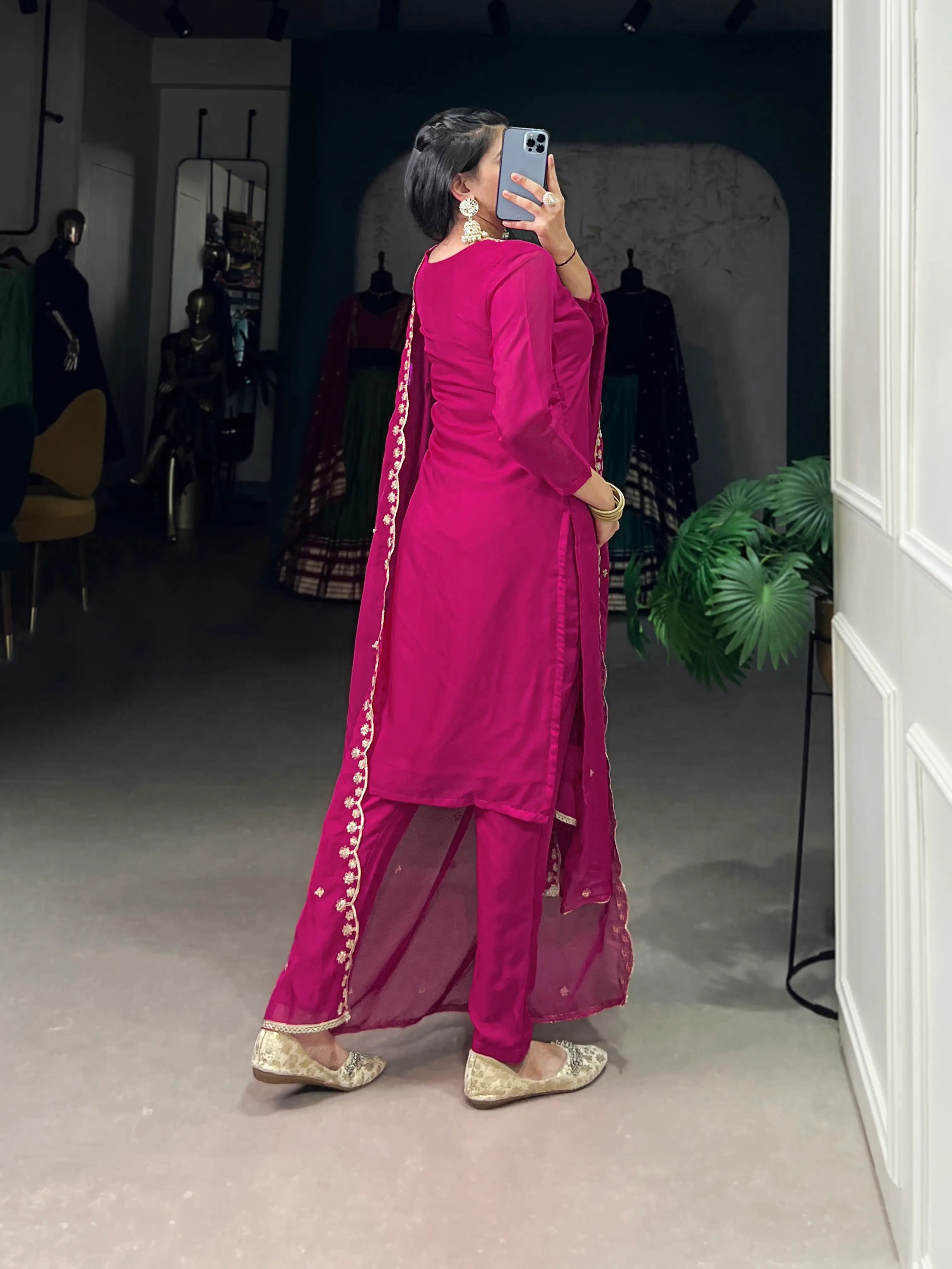 Dark Pink Organza Salwar Suit With Sequins & Thread Embroidery Work