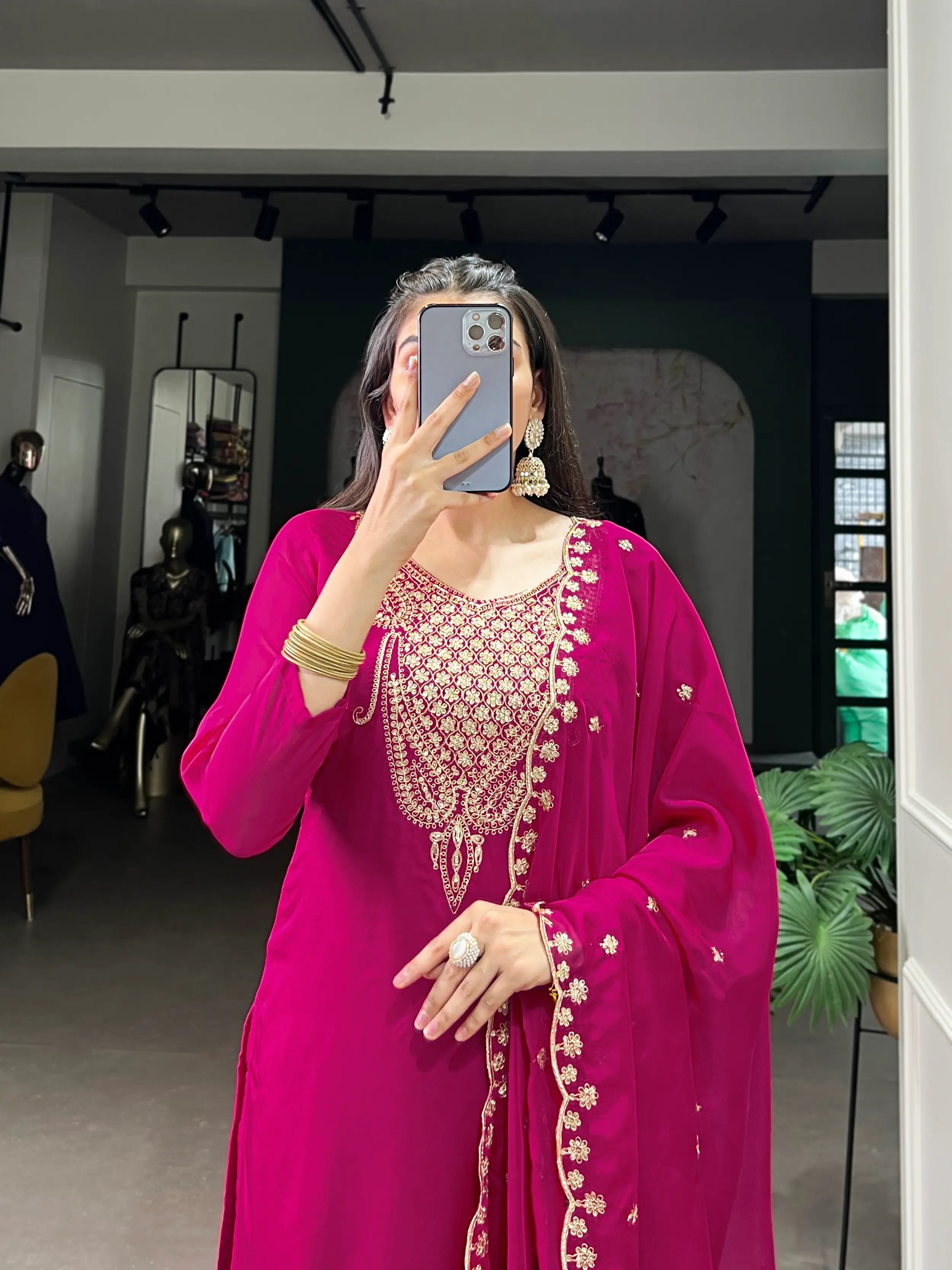 Dark Pink Organza Salwar Suit With Sequins & Thread Embroidery Work