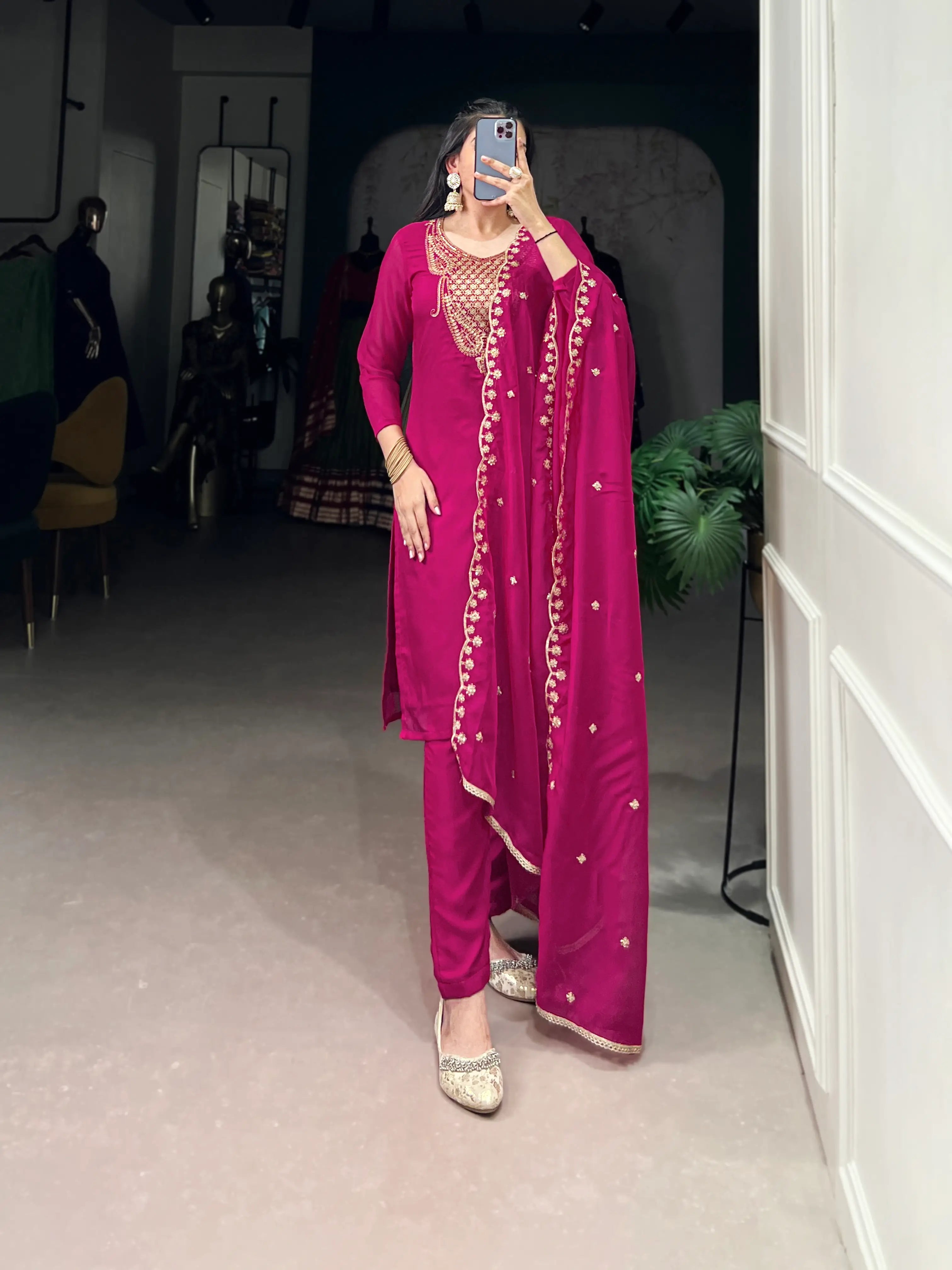 Dark Pink Organza Salwar Suit With Sequins & Thread Embroidery Work - qivii