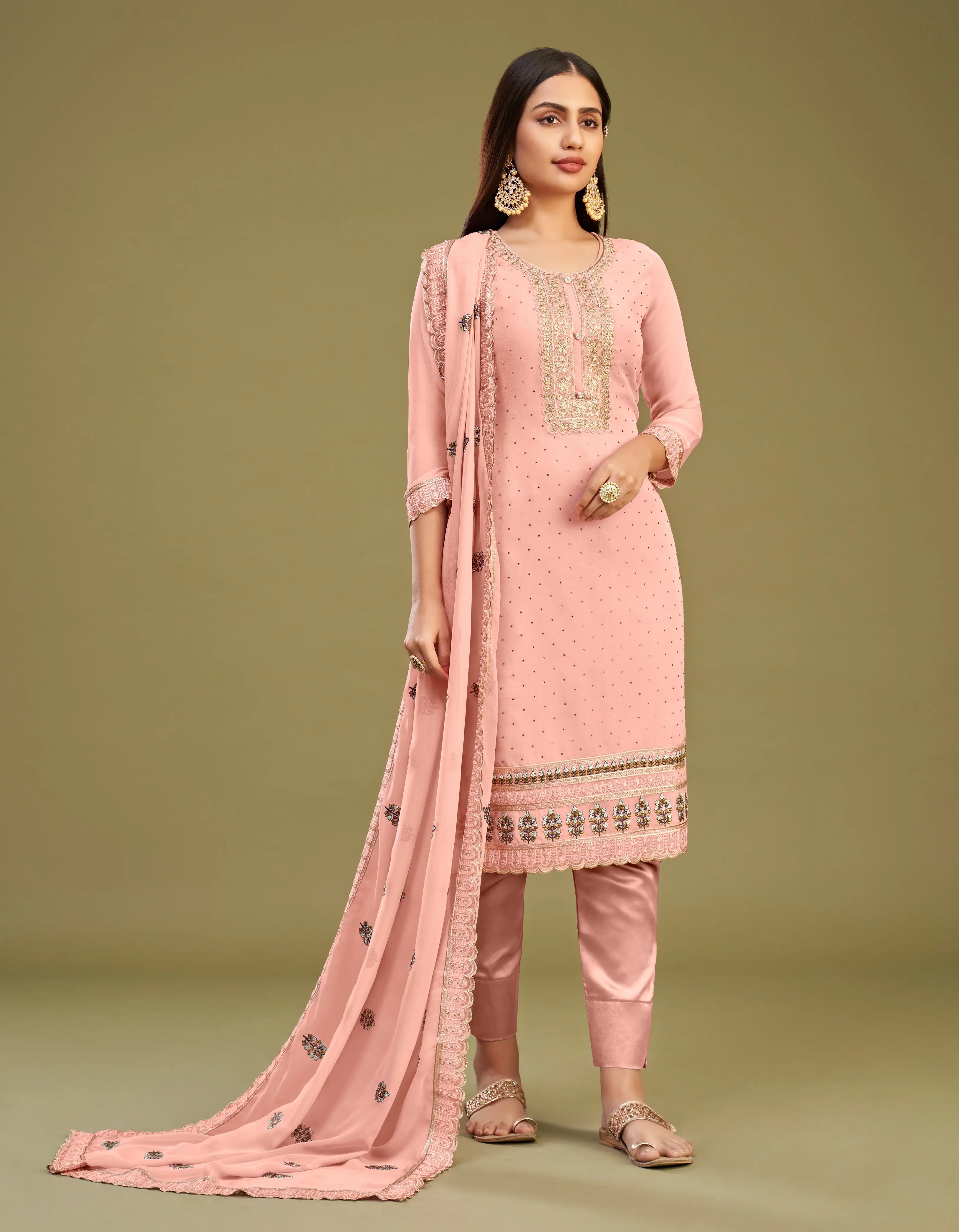 Peach Pink Embroidery Work With Stone Embellished Straight Salwar Suit Set