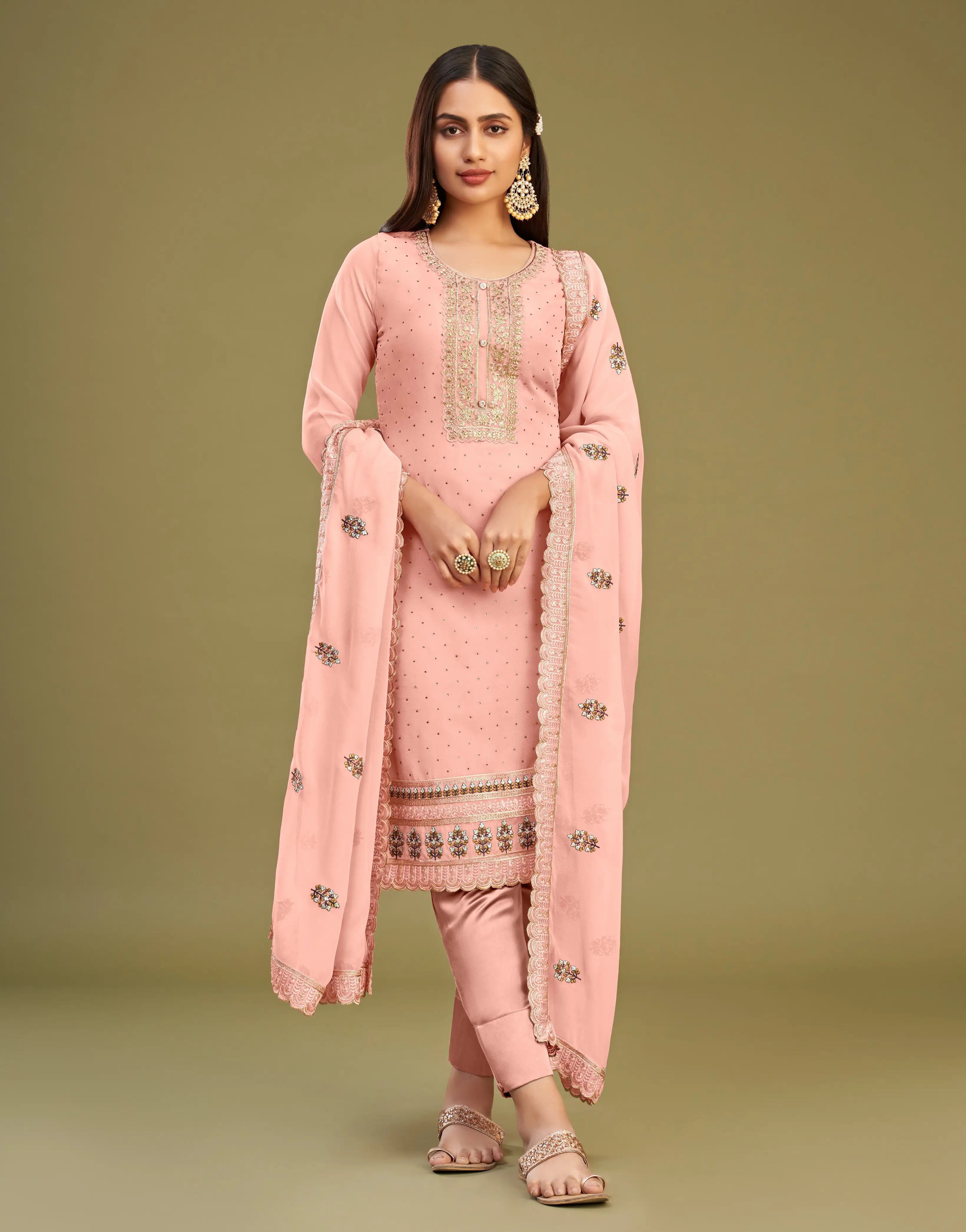 Peach Pink Embroidery Work With Stone Embellished Straight Salwar Suit Set - qivii