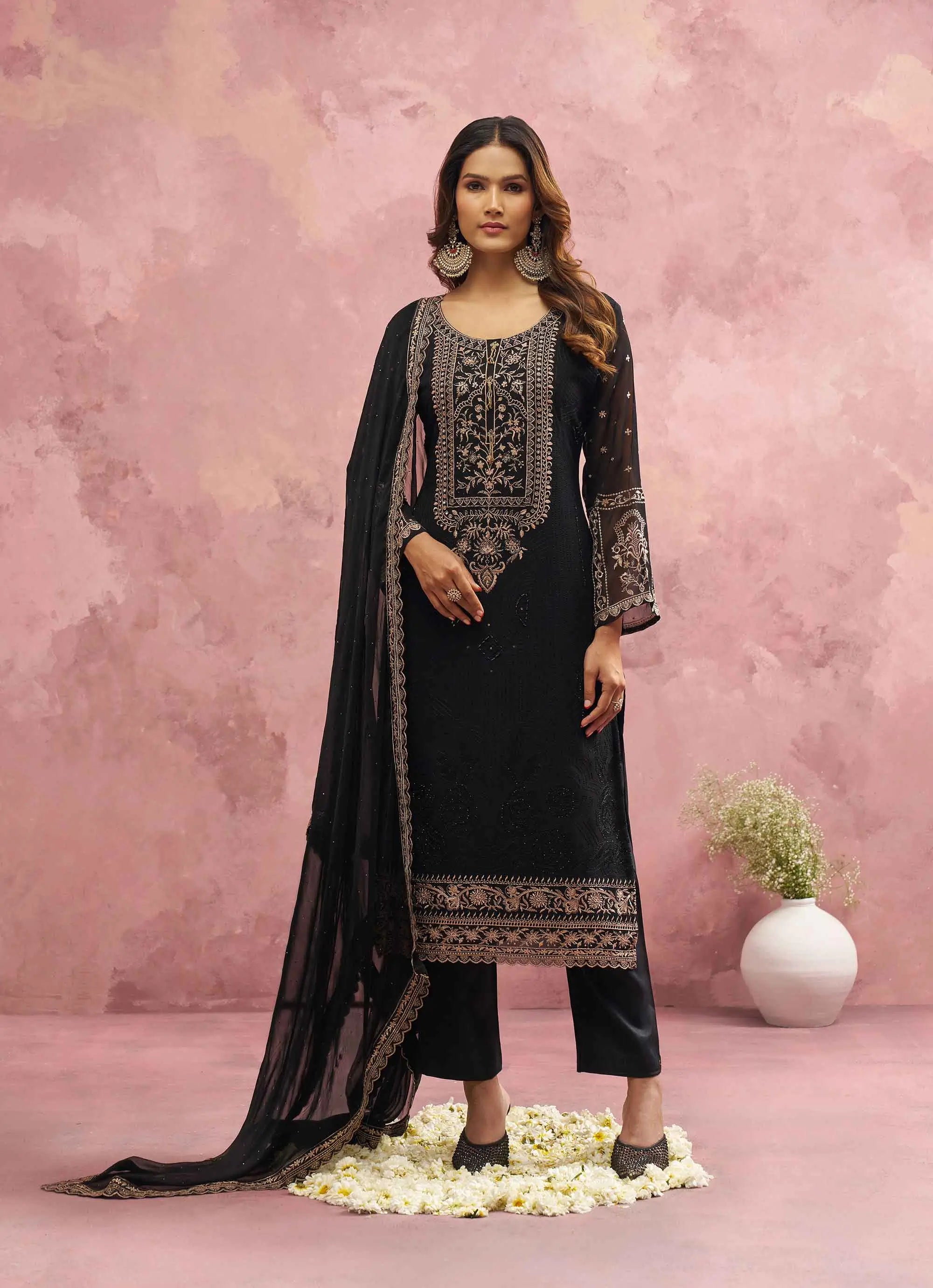 Most Trendy Black Embroidery Work With Khatli Work salwar Suit - qivii