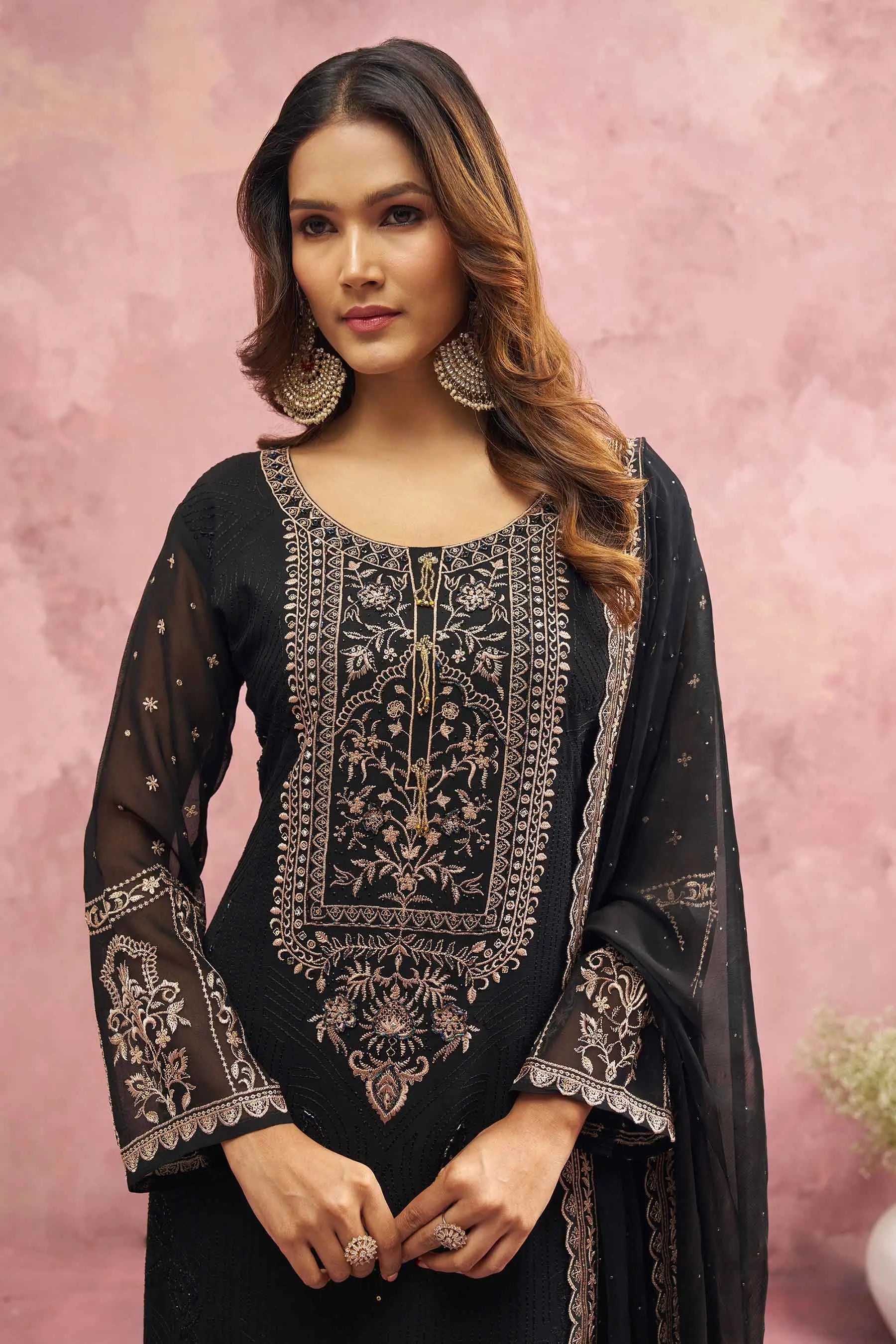 Most Trendy Black Embroidery Work With Khatli Work salwar Suit - qivii