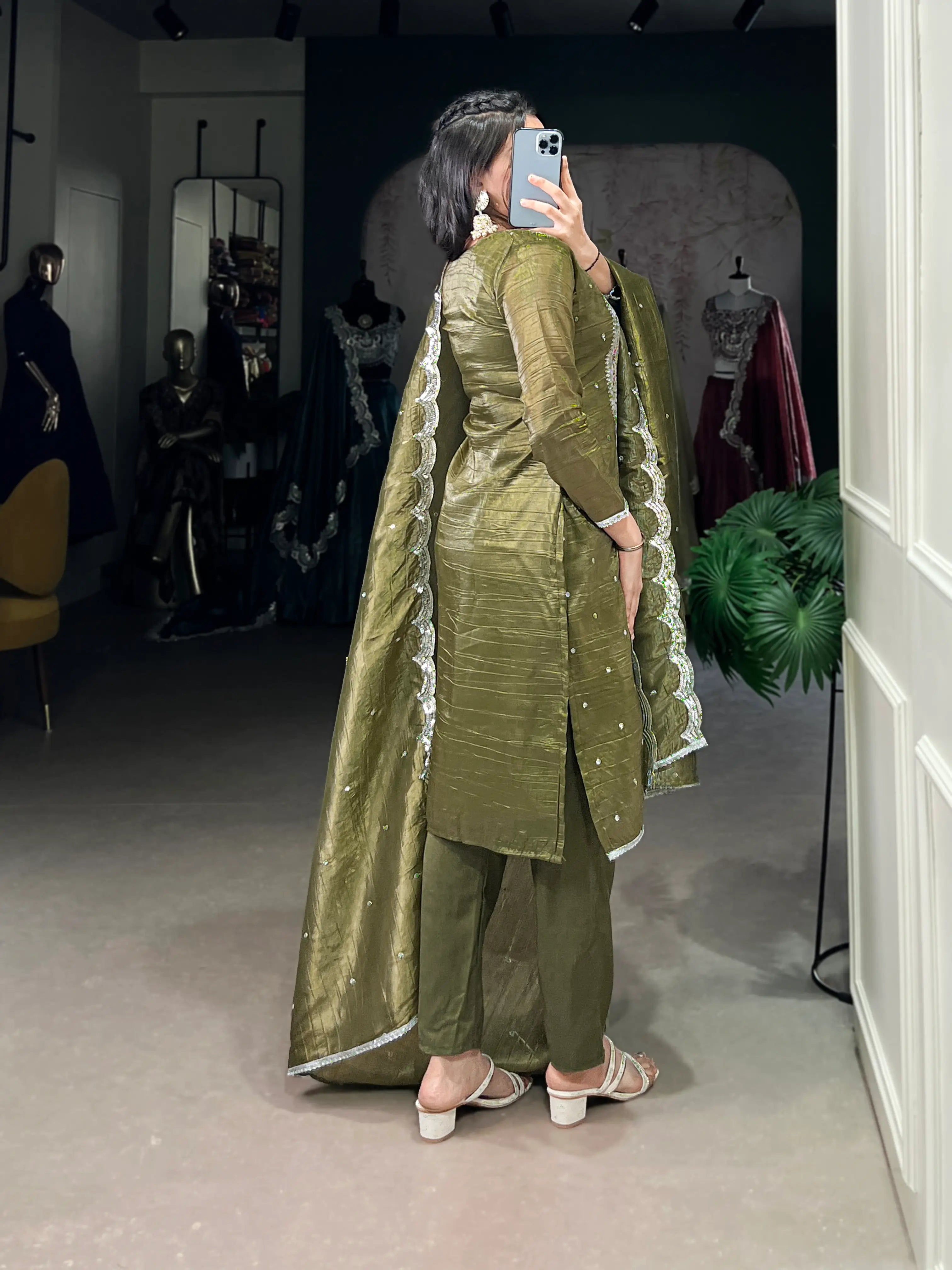 Olive Green Gold Crush Salwar Suit With Sequins & Thread Embroidery Work