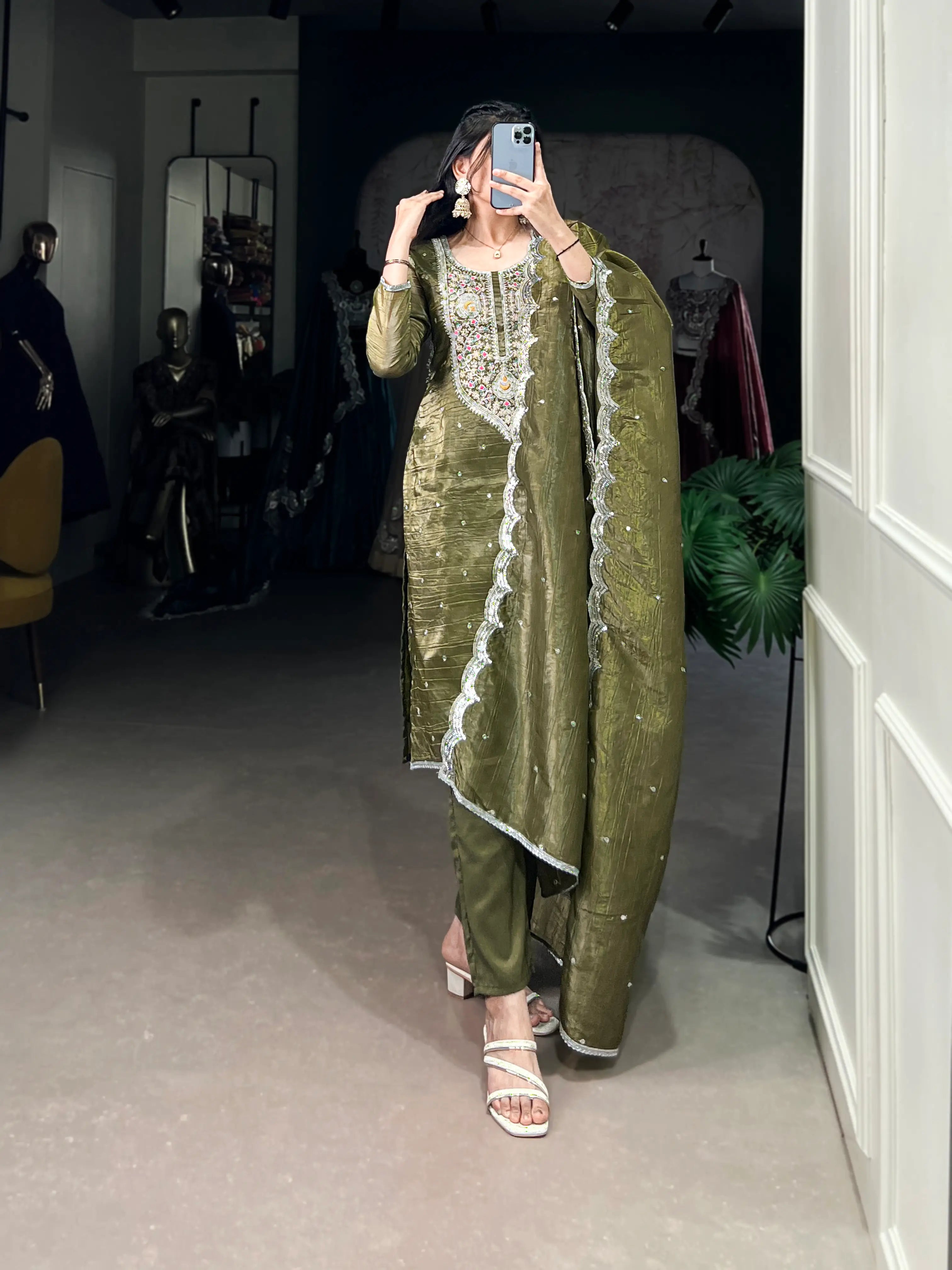 Olive Green Gold Crush Salwar Suit With Sequins & Thread Embroidery Work - qivii