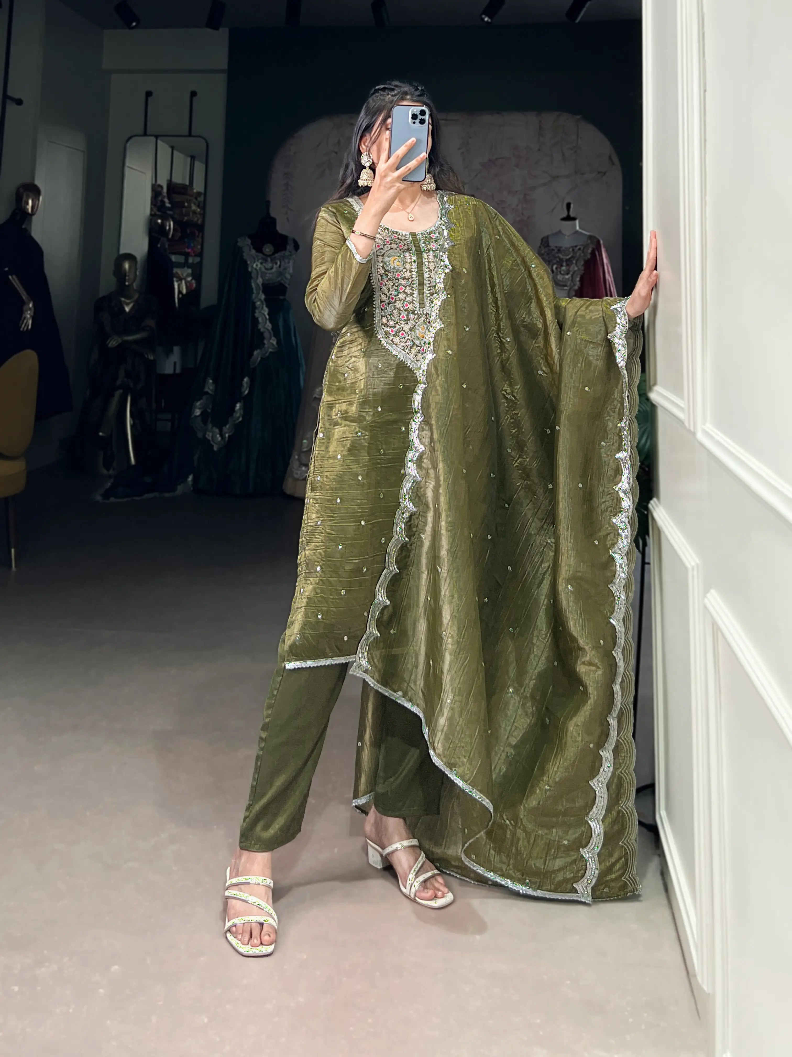 Olive Green Gold Crush Salwar Suit With Sequins & Thread Embroidery Work - qivii