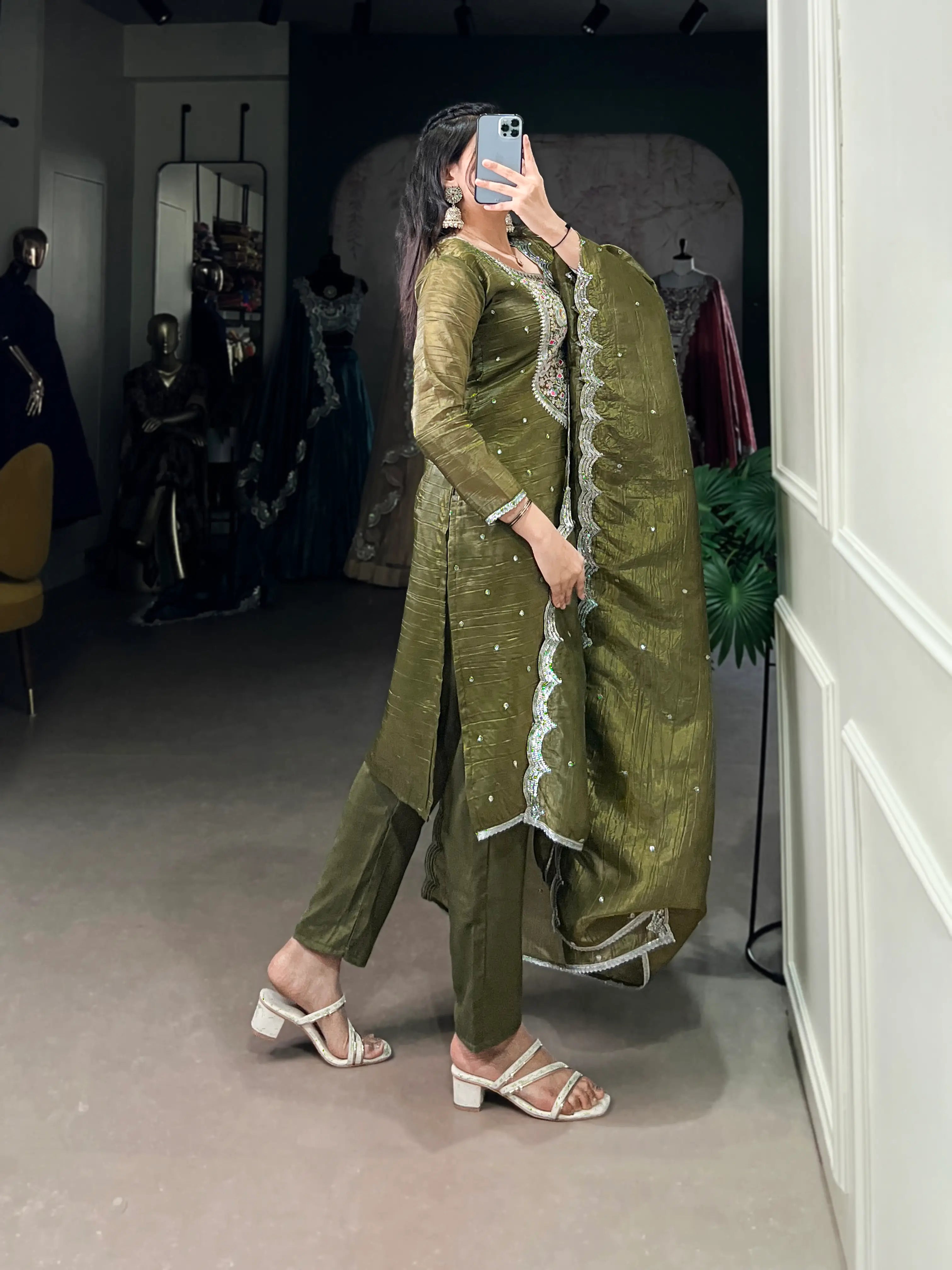Olive Green Gold Crush Salwar Suit With Sequins & Thread Embroidery Work - qivii