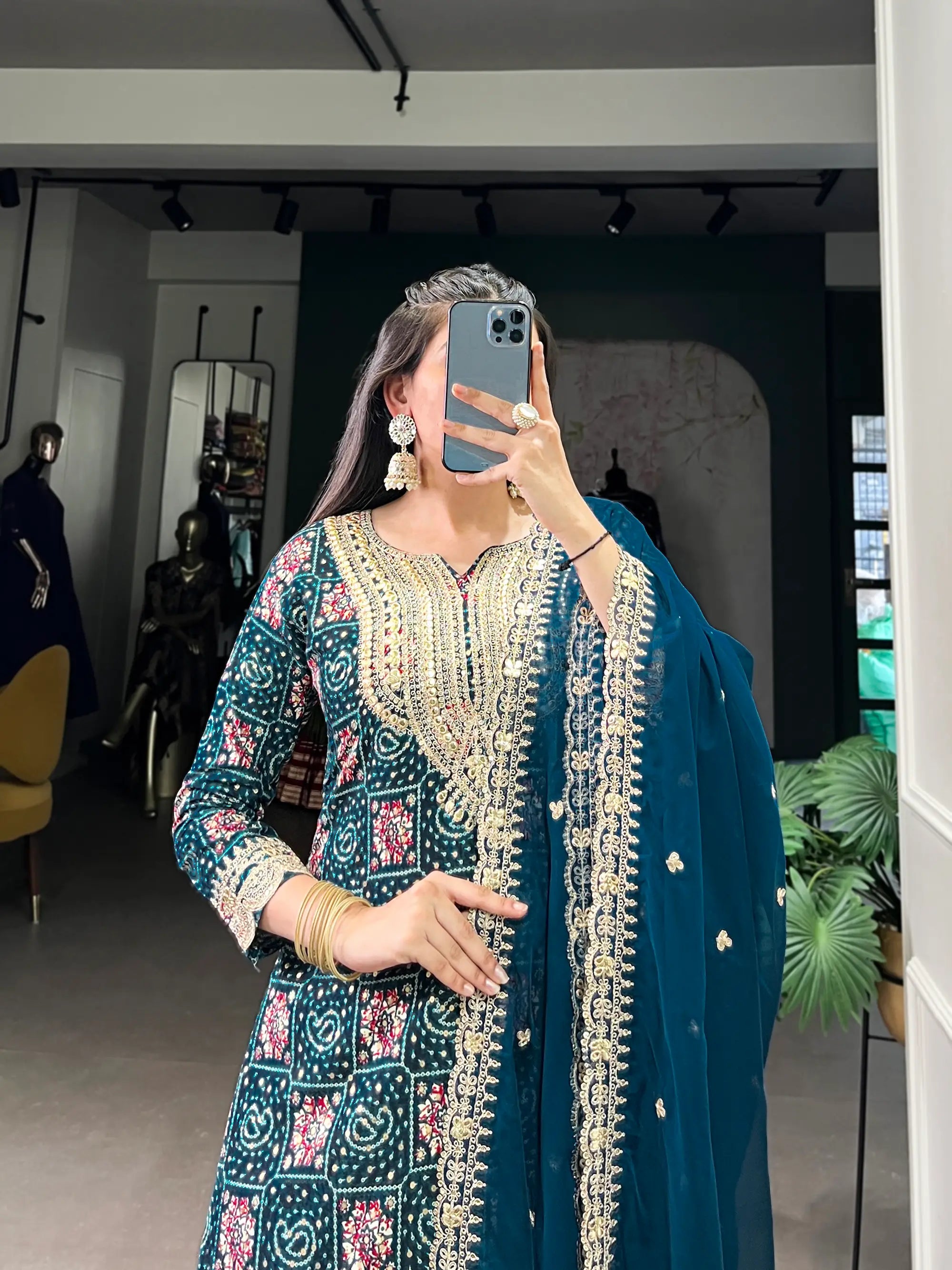 Teal Blue Rayon Salwar Suit With Print & Embroidery Work