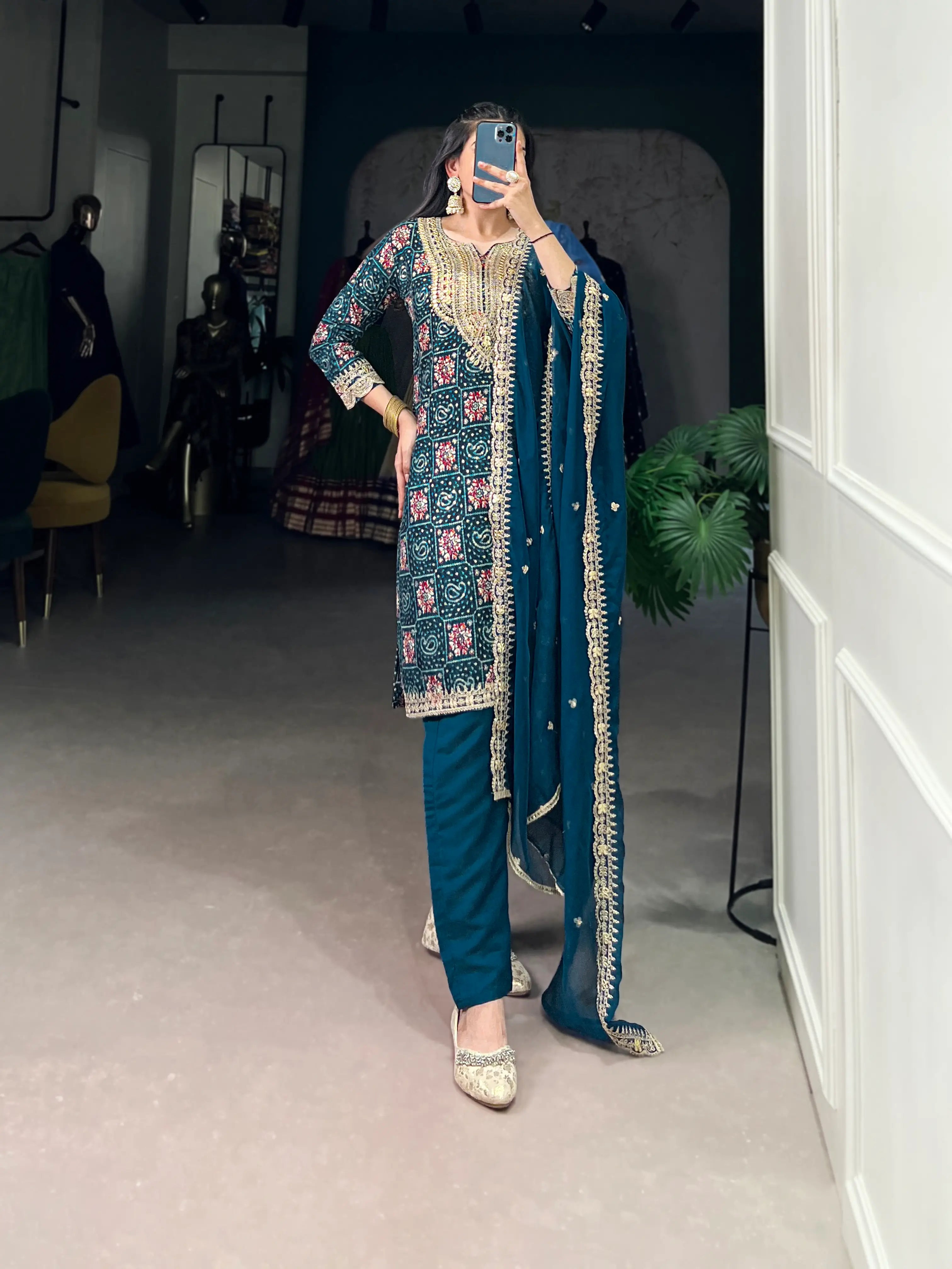 Teal Blue Rayon Salwar Suit With Print & Embroidery Work