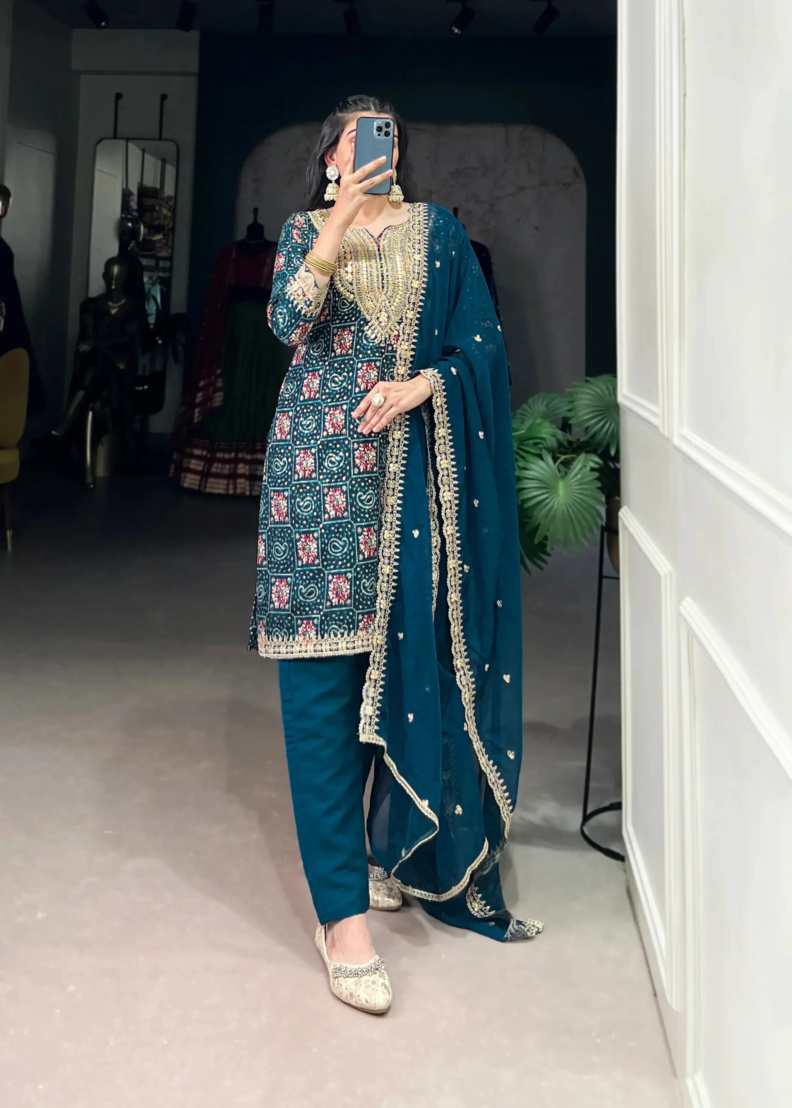 Teal Blue Rayon Salwar Suit With Print & Embroidery Work