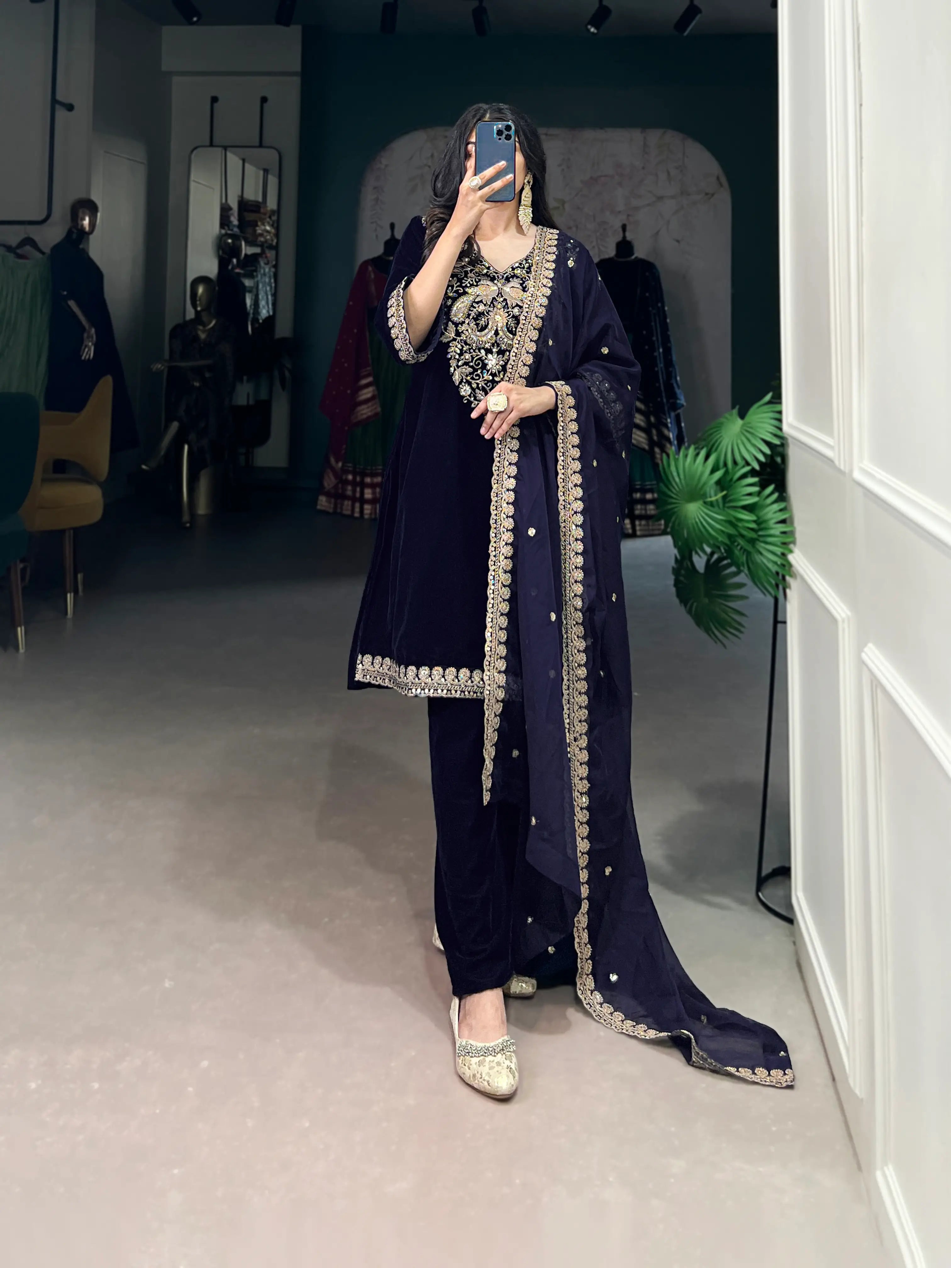 Navy Blue Velvet Sequins & Embroidery Work Salwar Suit - qivii